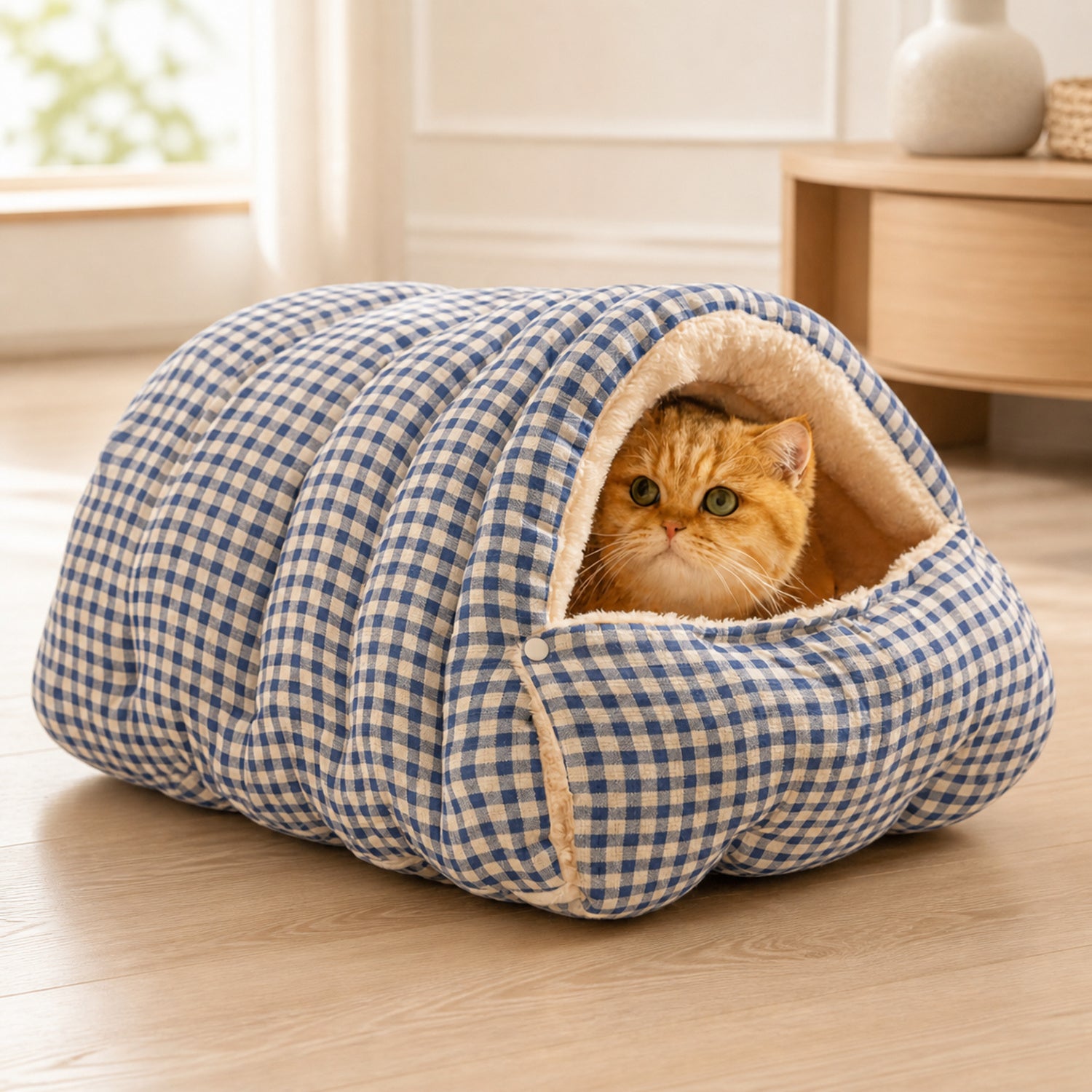 Cosy Gingham Cat Bed | Warm Washable Enclosed Pod with Removable Top