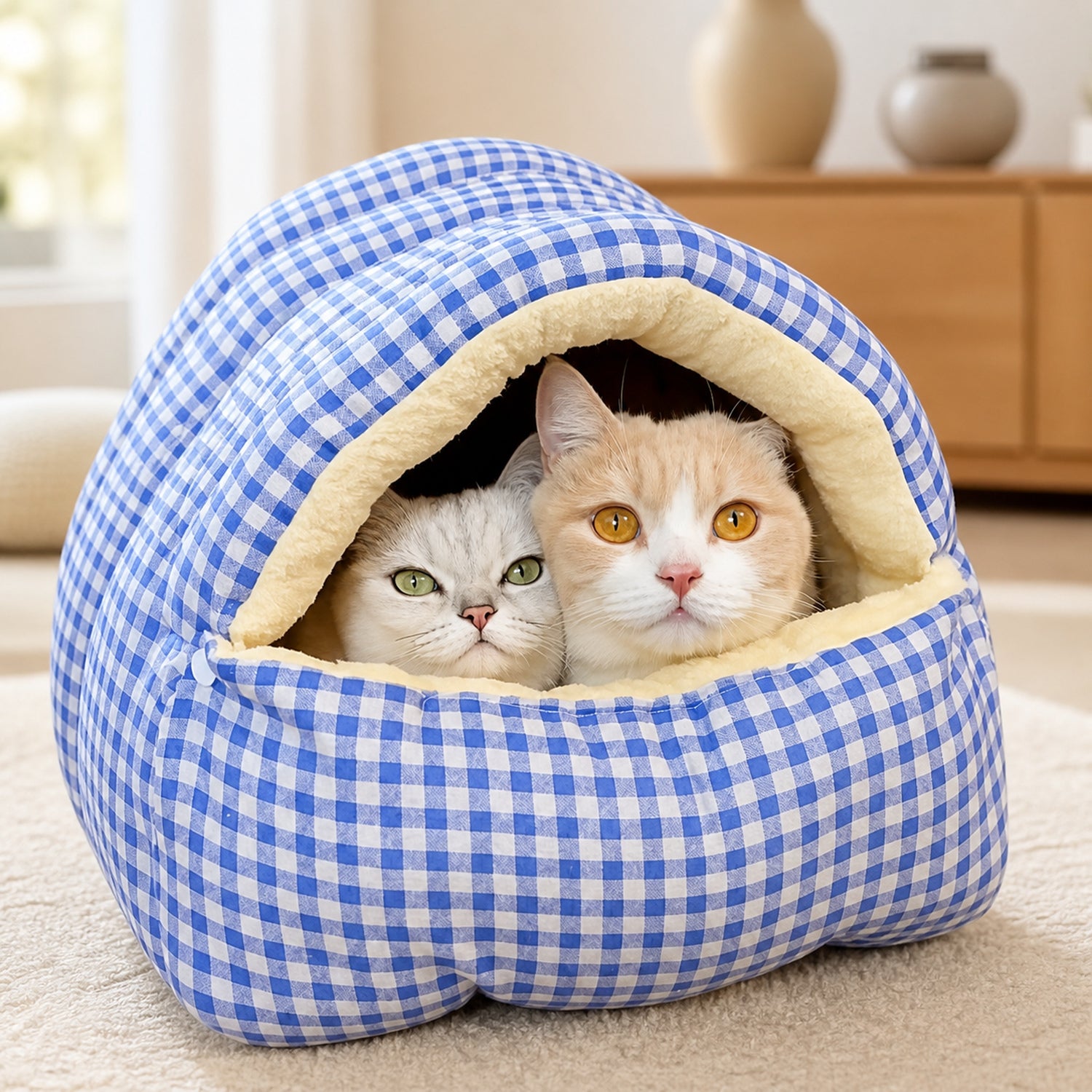 Cosy Gingham Cat Bed | Warm Washable Enclosed Pod with Removable Top
