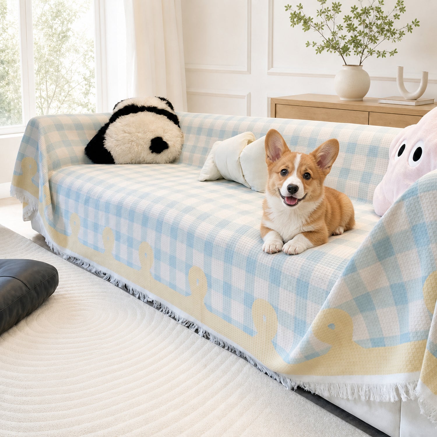 Pastel Gingham Waffle Sofa Throw | Non-Slip All-Season Sofa Protector