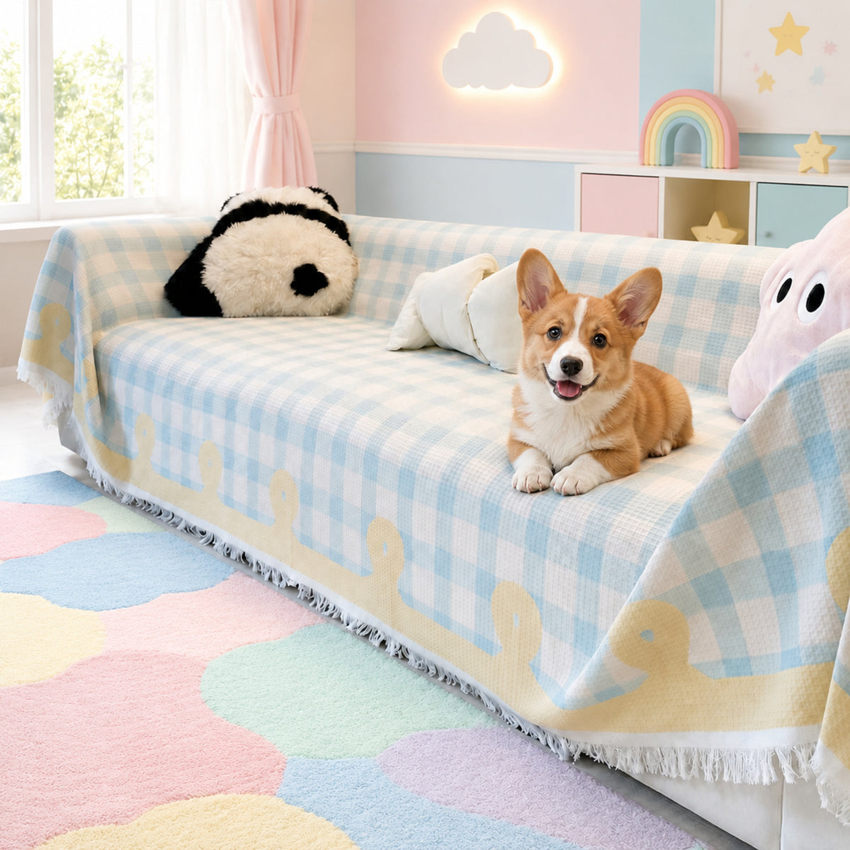 Pastel Gingham Waffle Sofa Throw | Non-Slip All-Season Sofa Protector