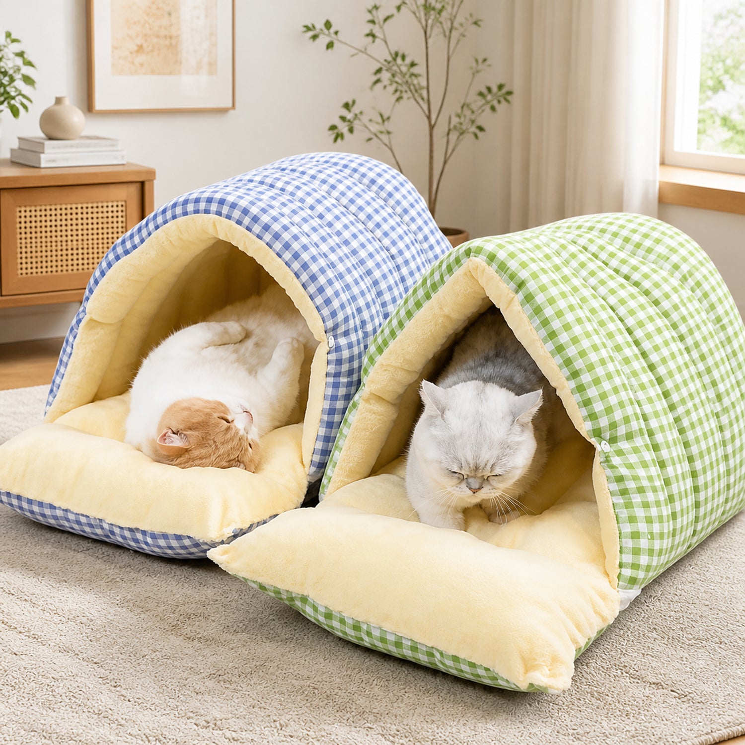 Cosy Gingham Cat Bed | Warm Washable Enclosed Pod with Removable Top
