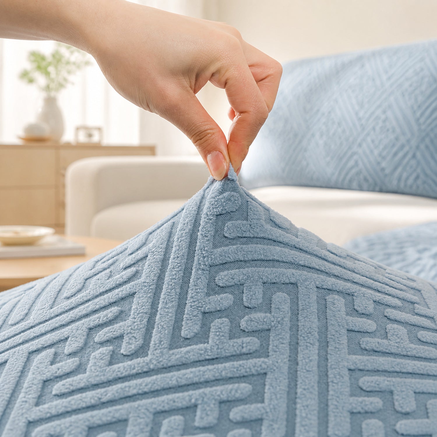Modern Maze | Stretch Sofa Cushion Covers | Embossed Plush | Washable Sofa Protector