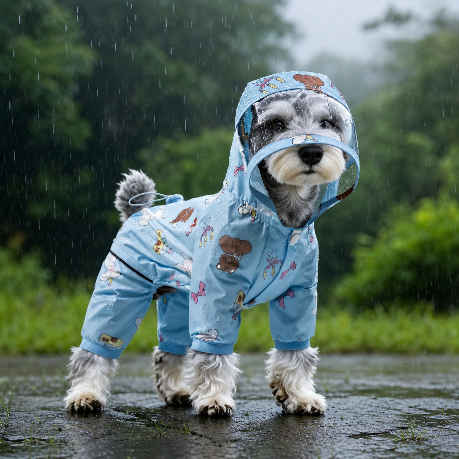 Cartoon Print Dog Raincoat | Waterproof | Hooded Four-Leg Design