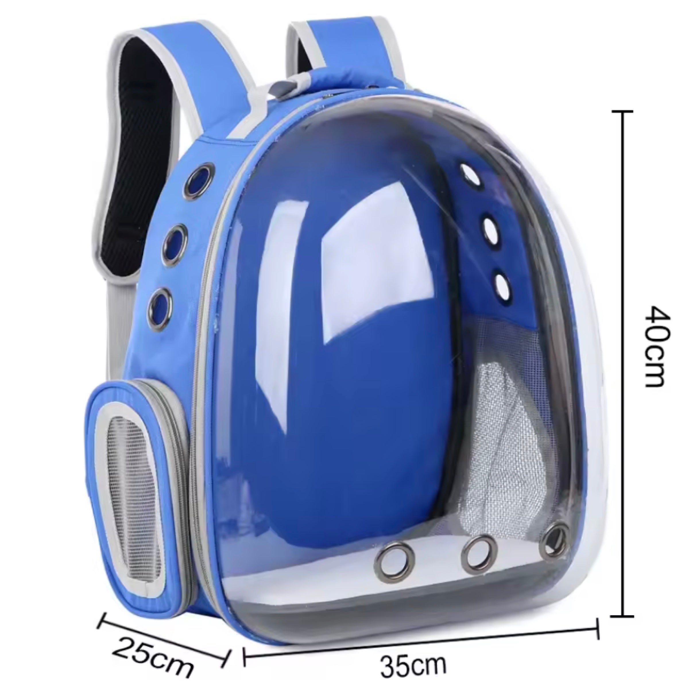 Blue ventilated dome cat carrier backpack with 25cm, 35cm, and 40cm dimension labels
