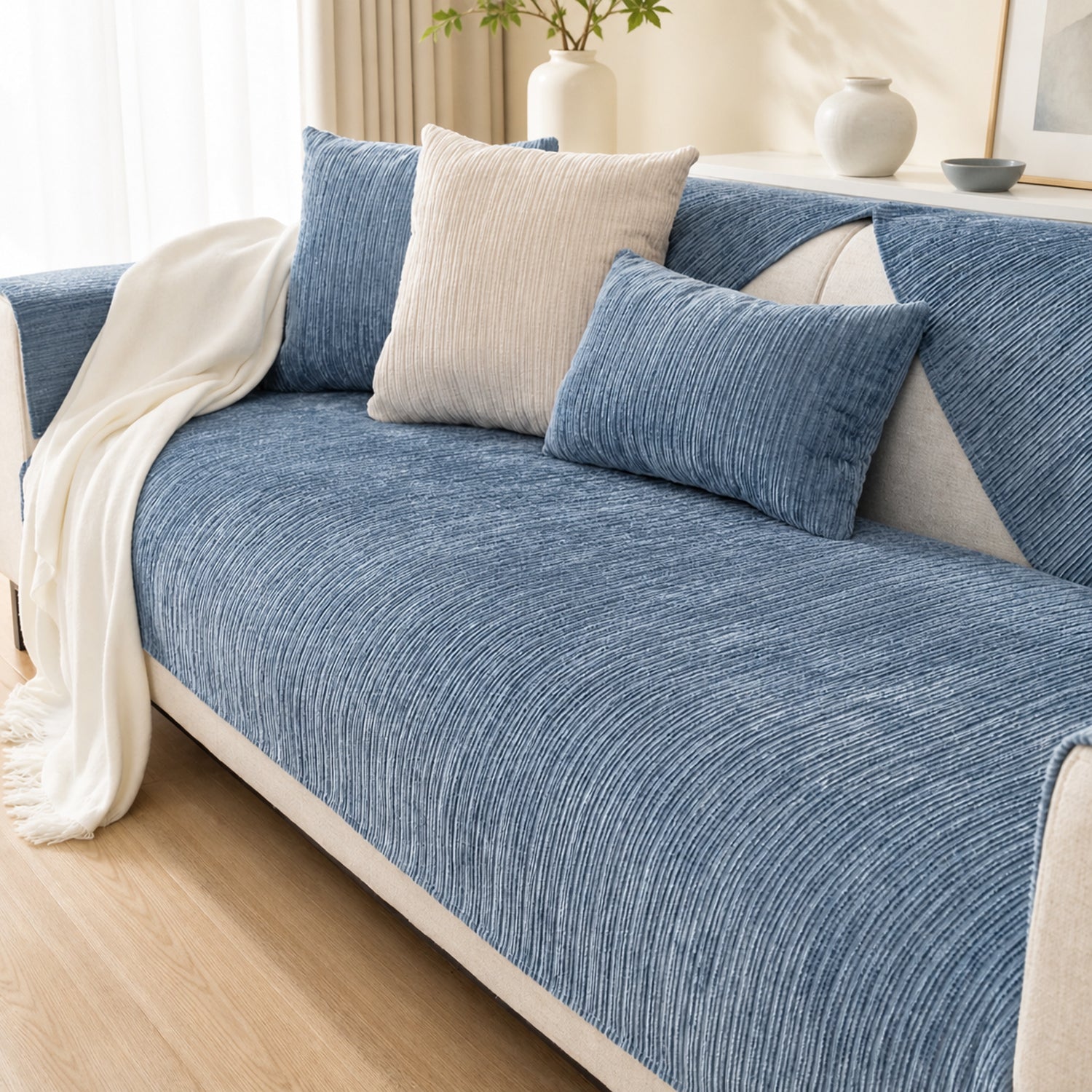 Soft Line Chenille Sofa Protector | Non-Slip Ribbed Design | Machine Washable