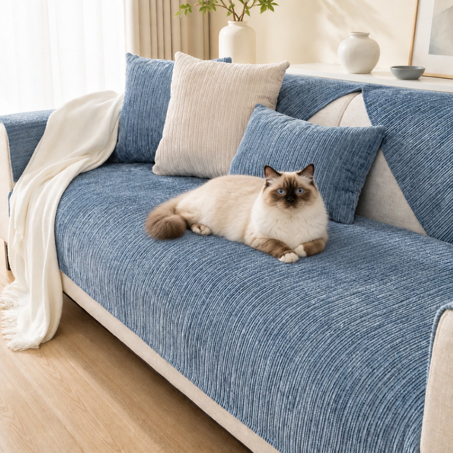 Soft Line Chenille Sofa Protector | Non-Slip Ribbed Design | Machine Washable