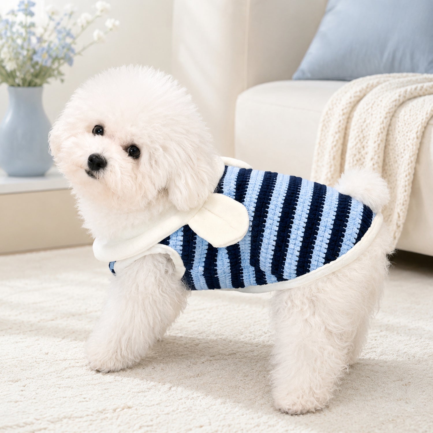 Bunny Hooded Pet Jumper | Fleece-Lined Striped Winter Coat with Lead Ring