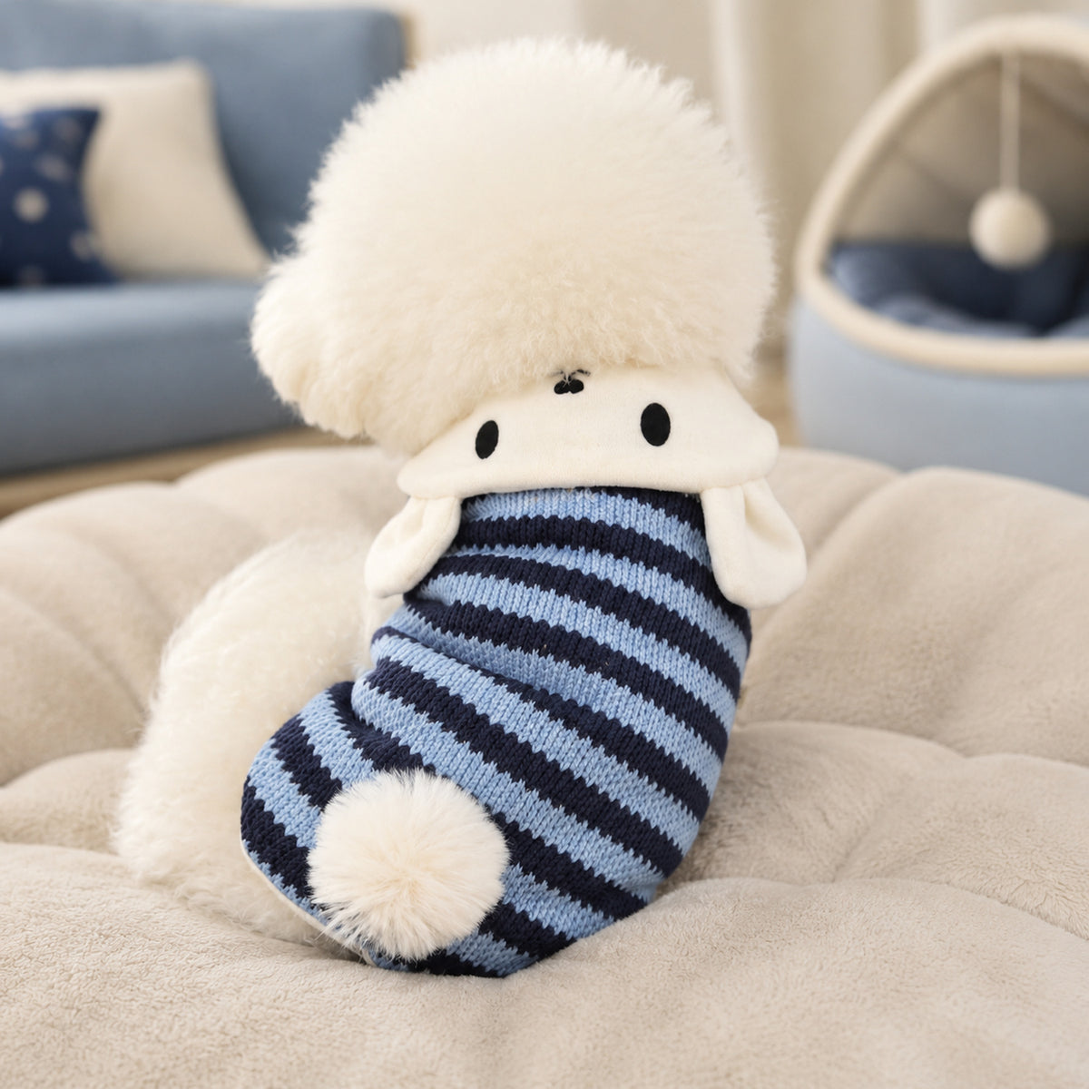 Bunny Hooded Pet Jumper | Fleece-Lined Striped Winter Coat with Lead Ring