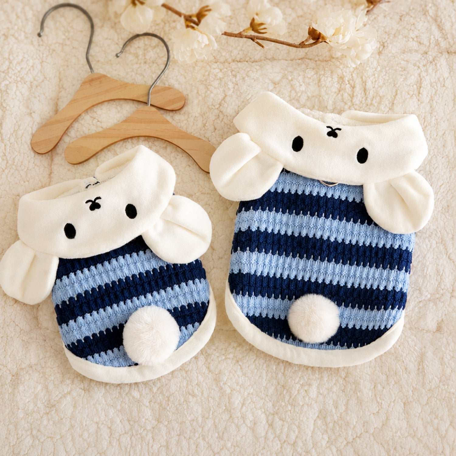 Bunny Hooded Pet Jumper | Fleece-Lined Striped Winter Coat with Lead Ring