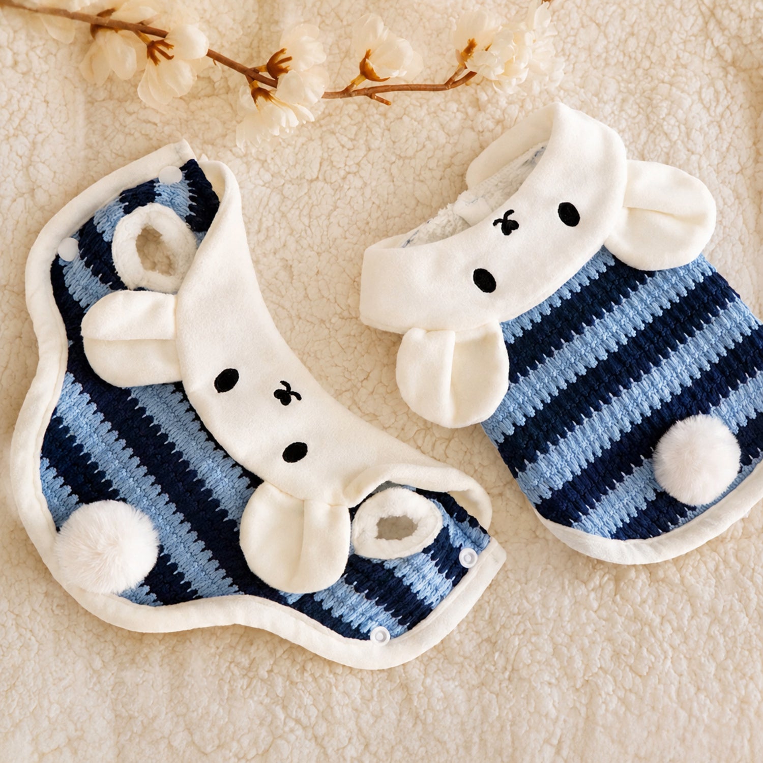 Bunny Hooded Pet Jumper | Fleece-Lined Striped Winter Coat with Lead Ring