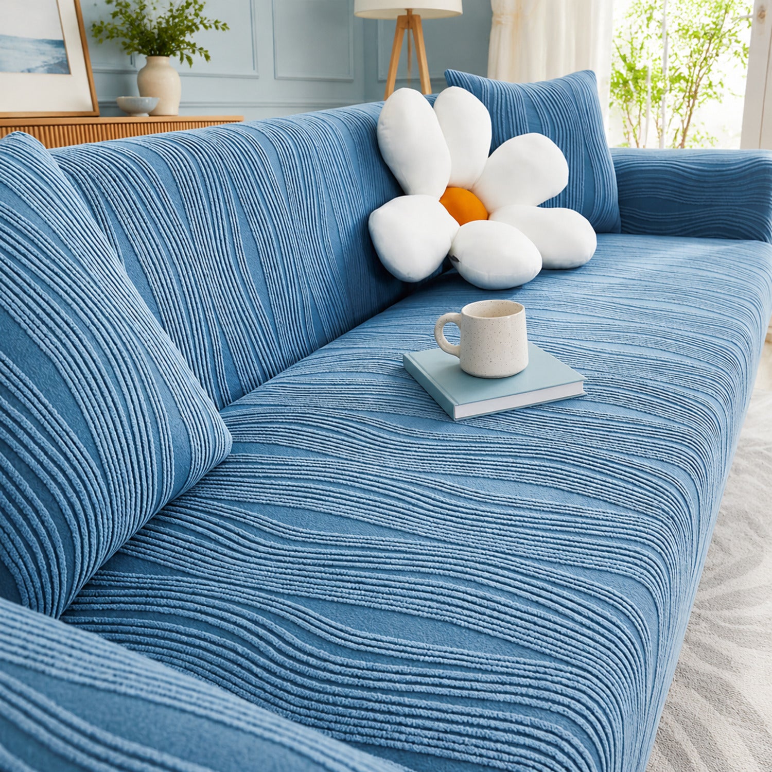 Ribbed Jacquard Stretch Sofa Protector | Knitted Fleece Full-Coverage Cover