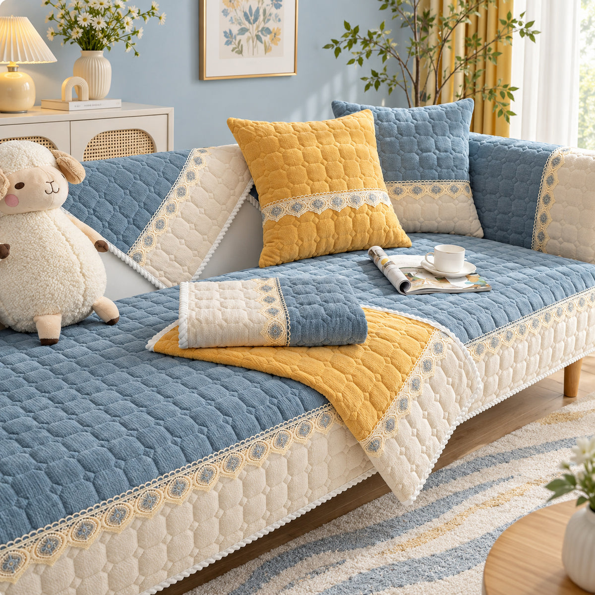 Honeycomb Sofa Cover | Quilted Corduroy | Non-Slip Washable Sofa Protector