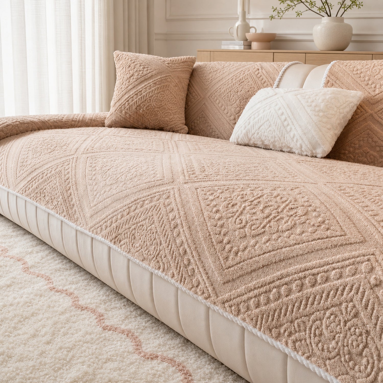 Nordic Carved Plush Sofa Protector | Non-Slip Washable Textured Cover