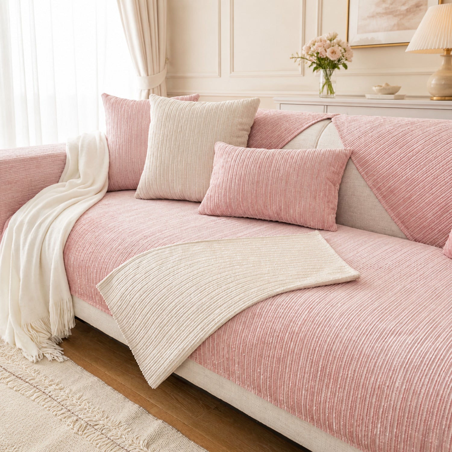 Soft Line Chenille Sofa Protector | Non-Slip Ribbed Design | Machine Washable