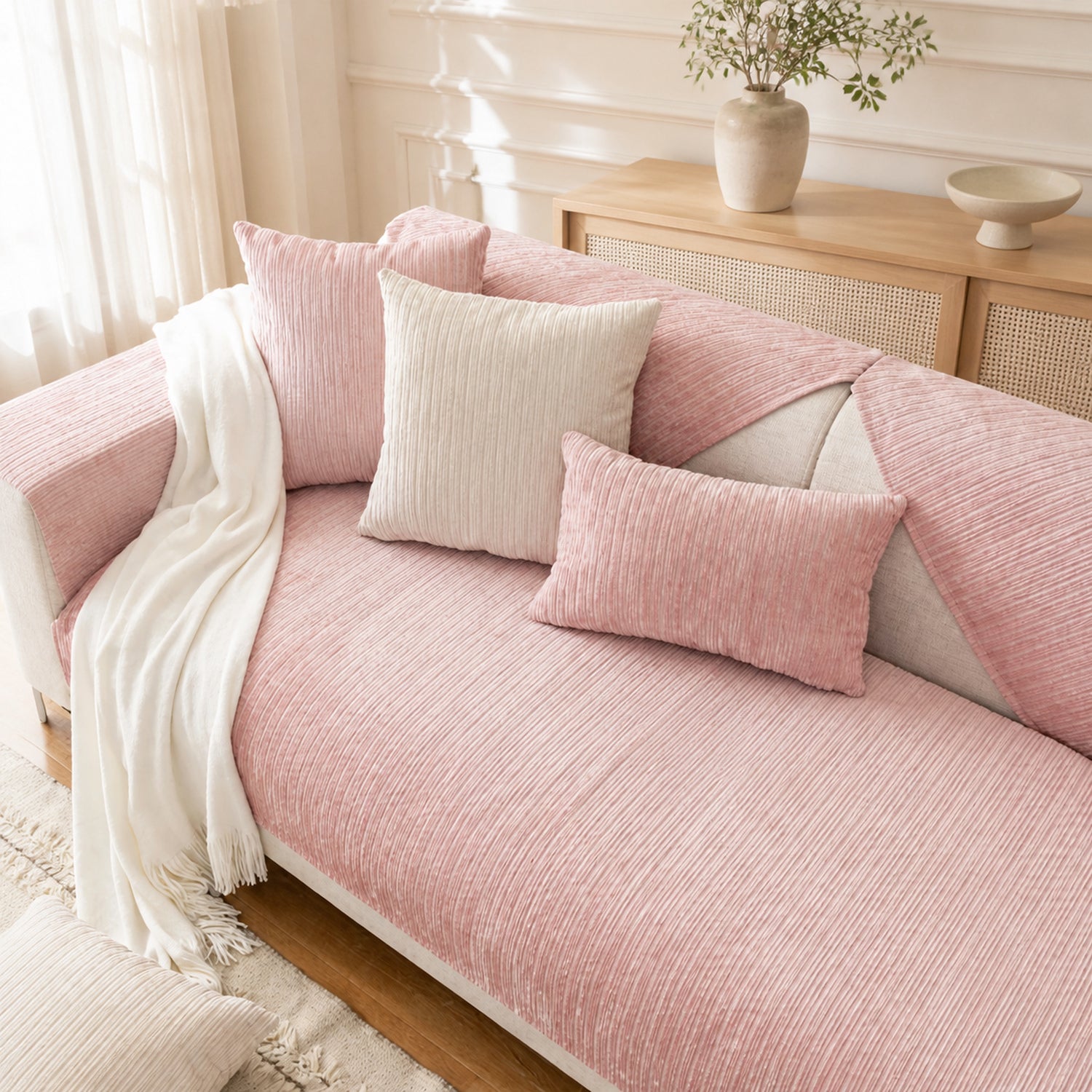 Soft Line Chenille Sofa Protector | Non-Slip Ribbed Design | Machine Washable