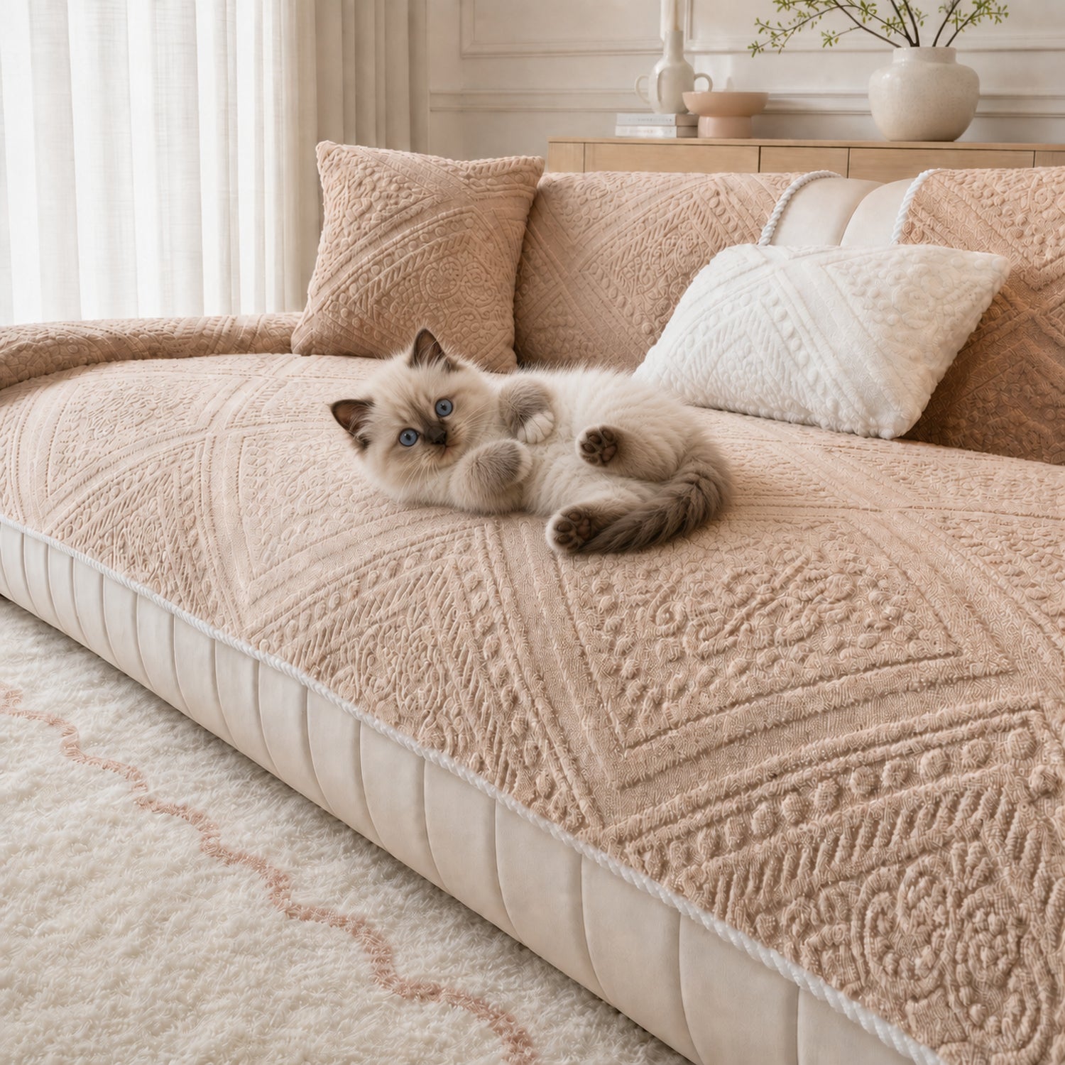 Nordic Carved Plush Sofa Protector | Non-Slip Washable Textured Cover