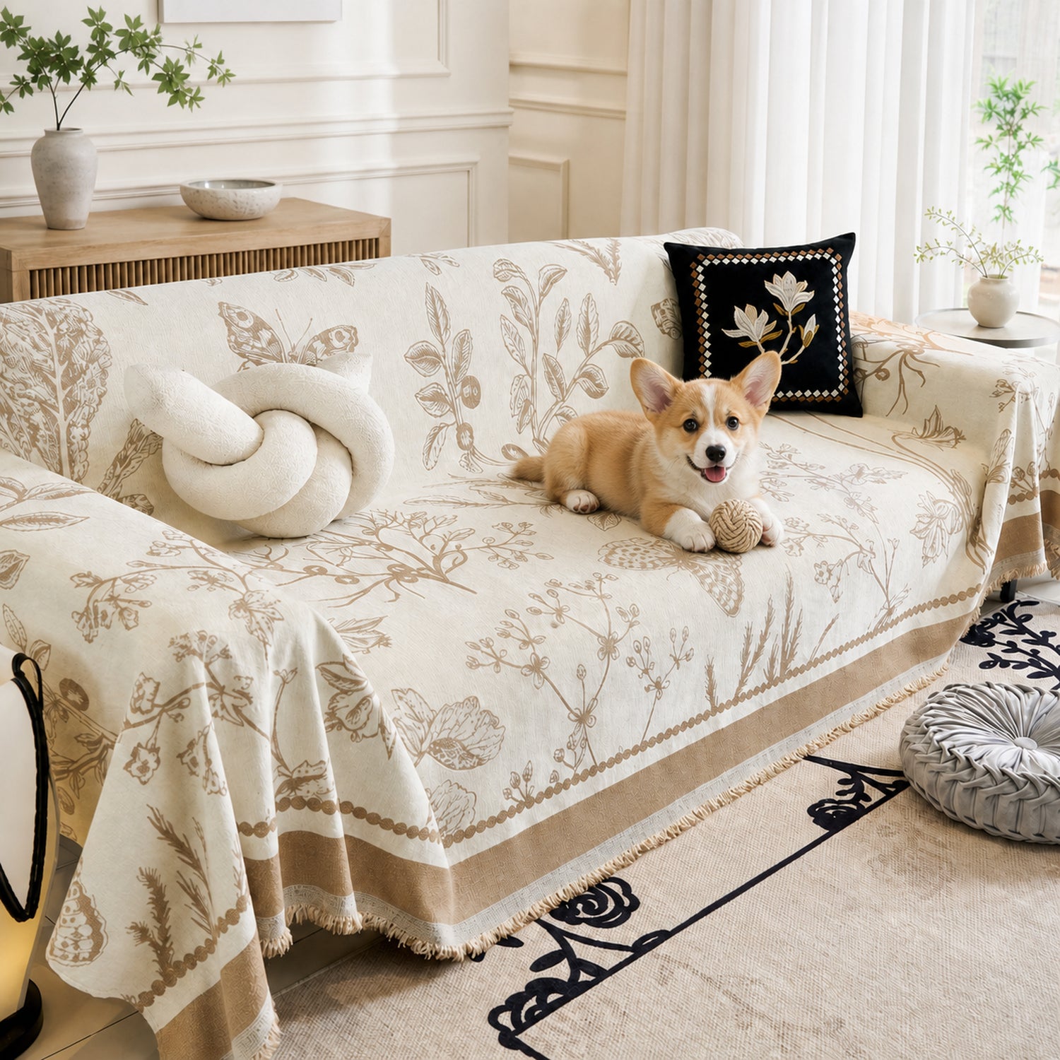 Botanical Sketch Reversible Chenille Sofa Throw | Machine-Washable Sofa Protector