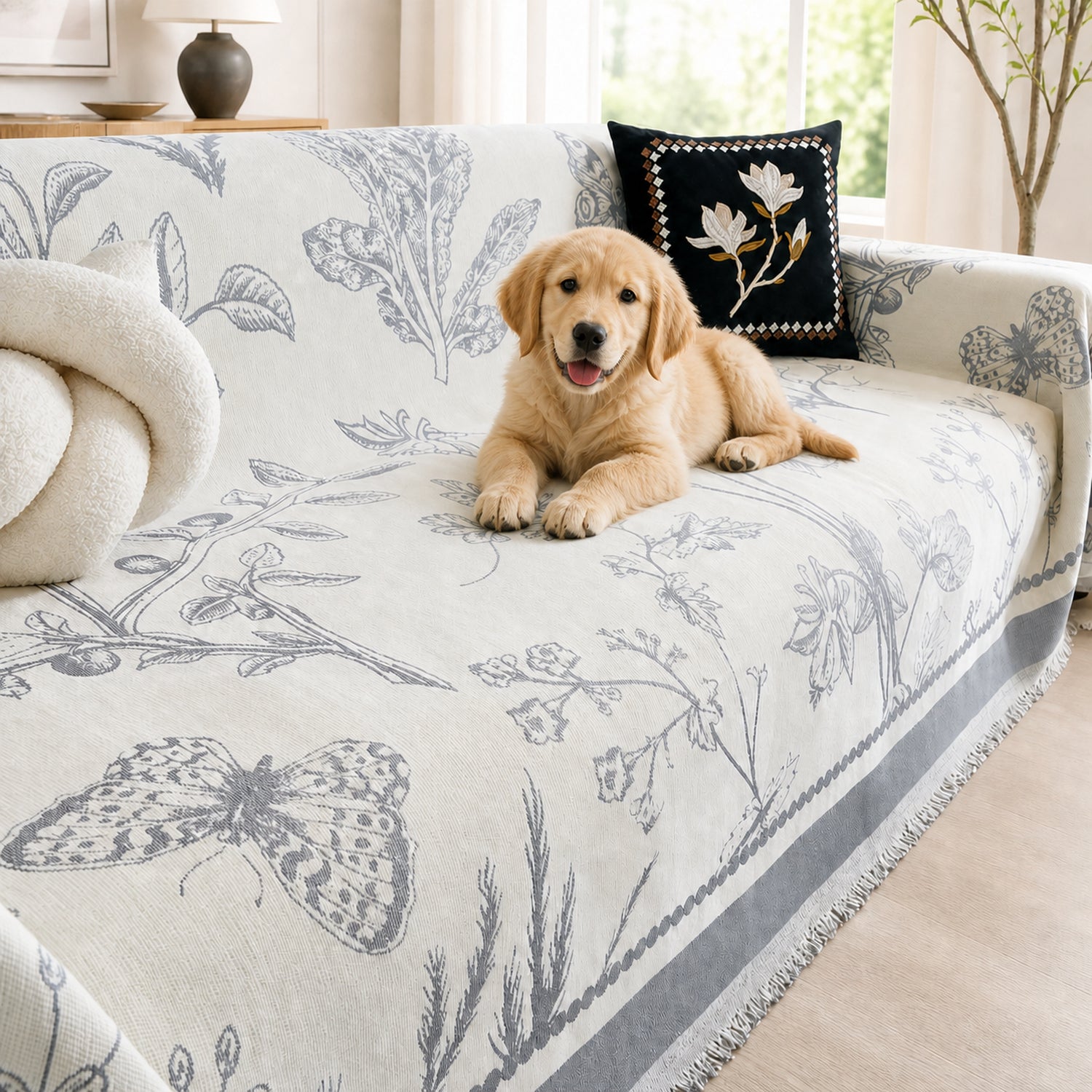 Botanical Sketch Reversible Chenille Sofa Throw | Machine-Washable Sofa Protector