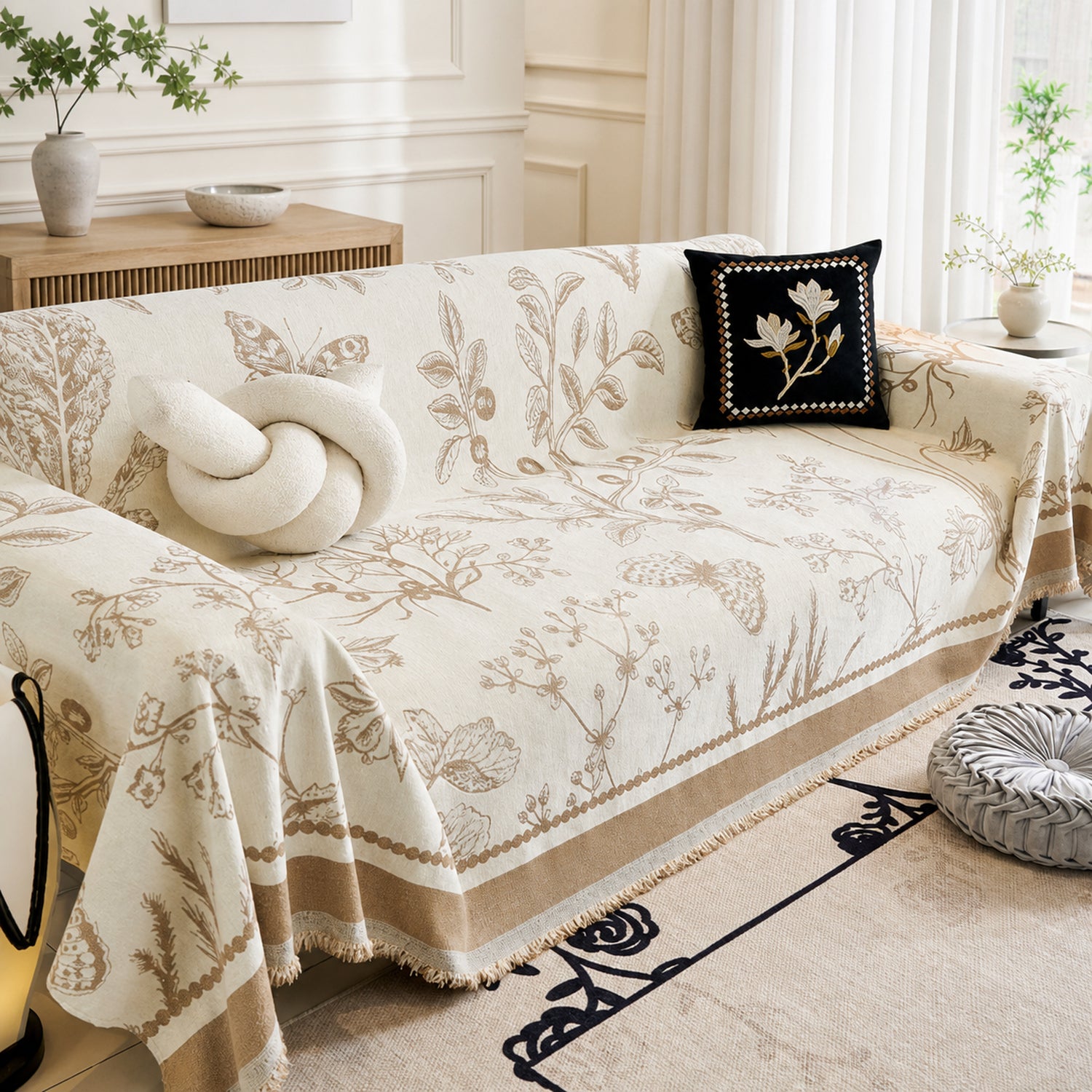 Botanical Sketch Reversible Chenille Sofa Throw | Machine-Washable Sofa Protector