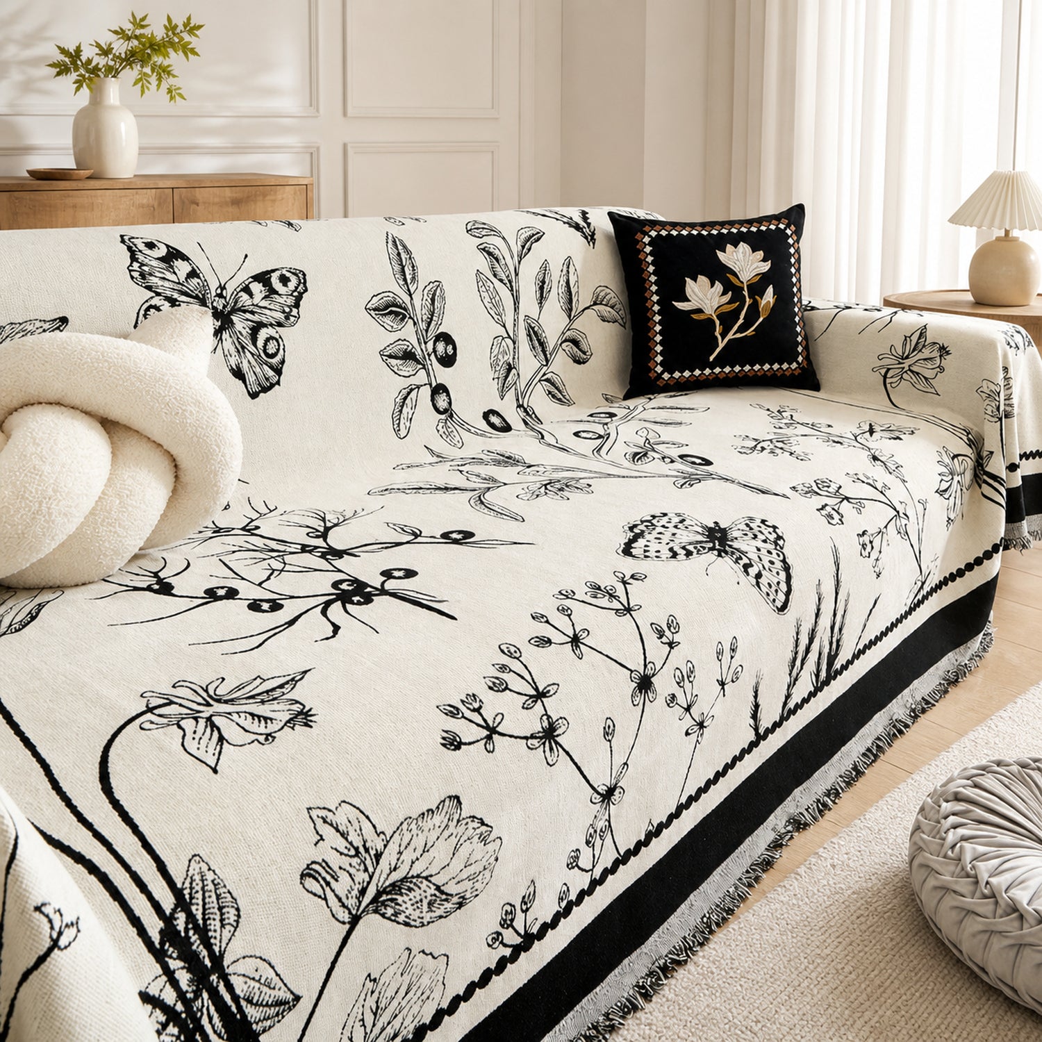 Botanical Sketch Reversible Chenille Sofa Throw | Machine-Washable Sofa Protector