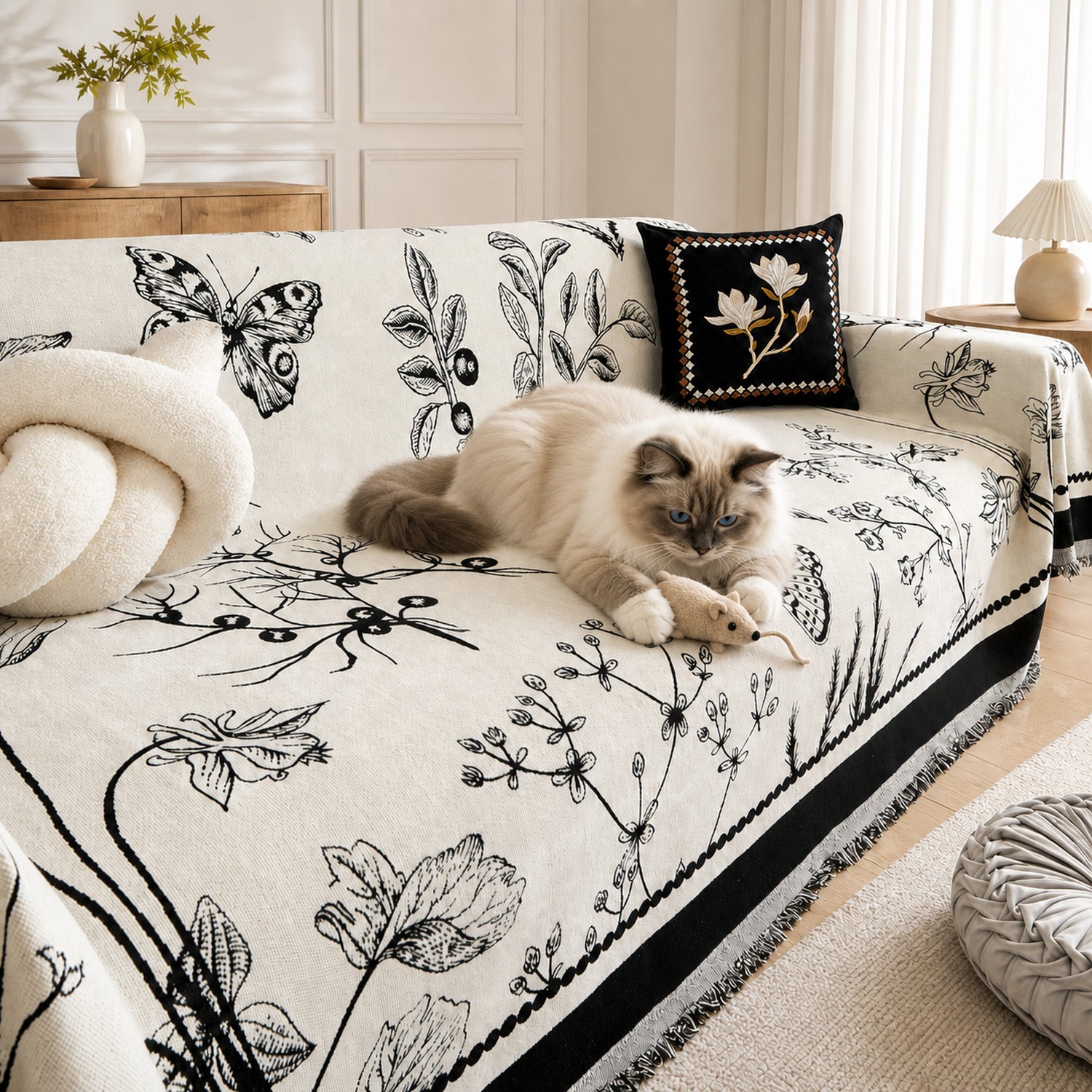 Botanical Sketch Reversible Chenille Sofa Throw | Machine-Washable Sofa Protector