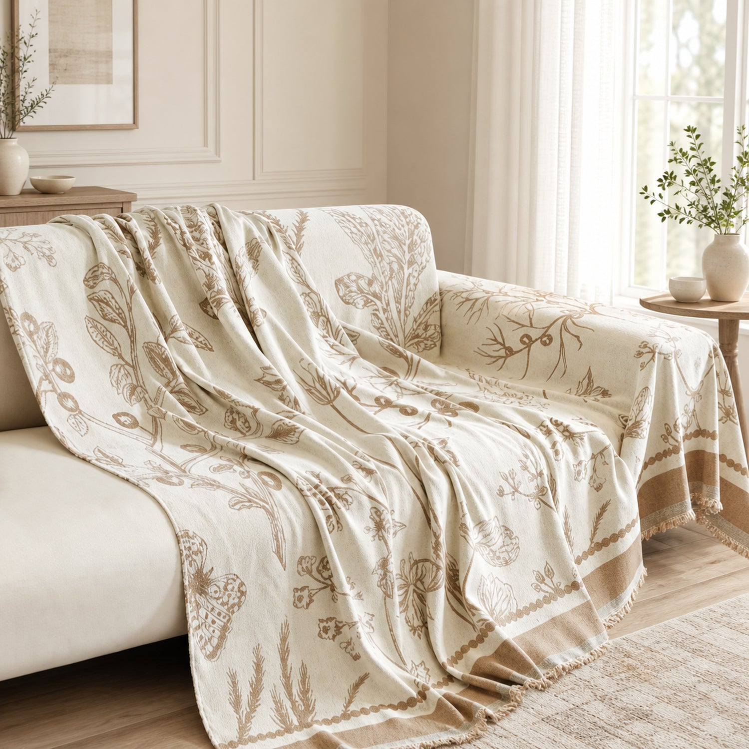 Botanical Sketch Reversible Chenille Sofa Throw | Machine-Washable Sofa Protector