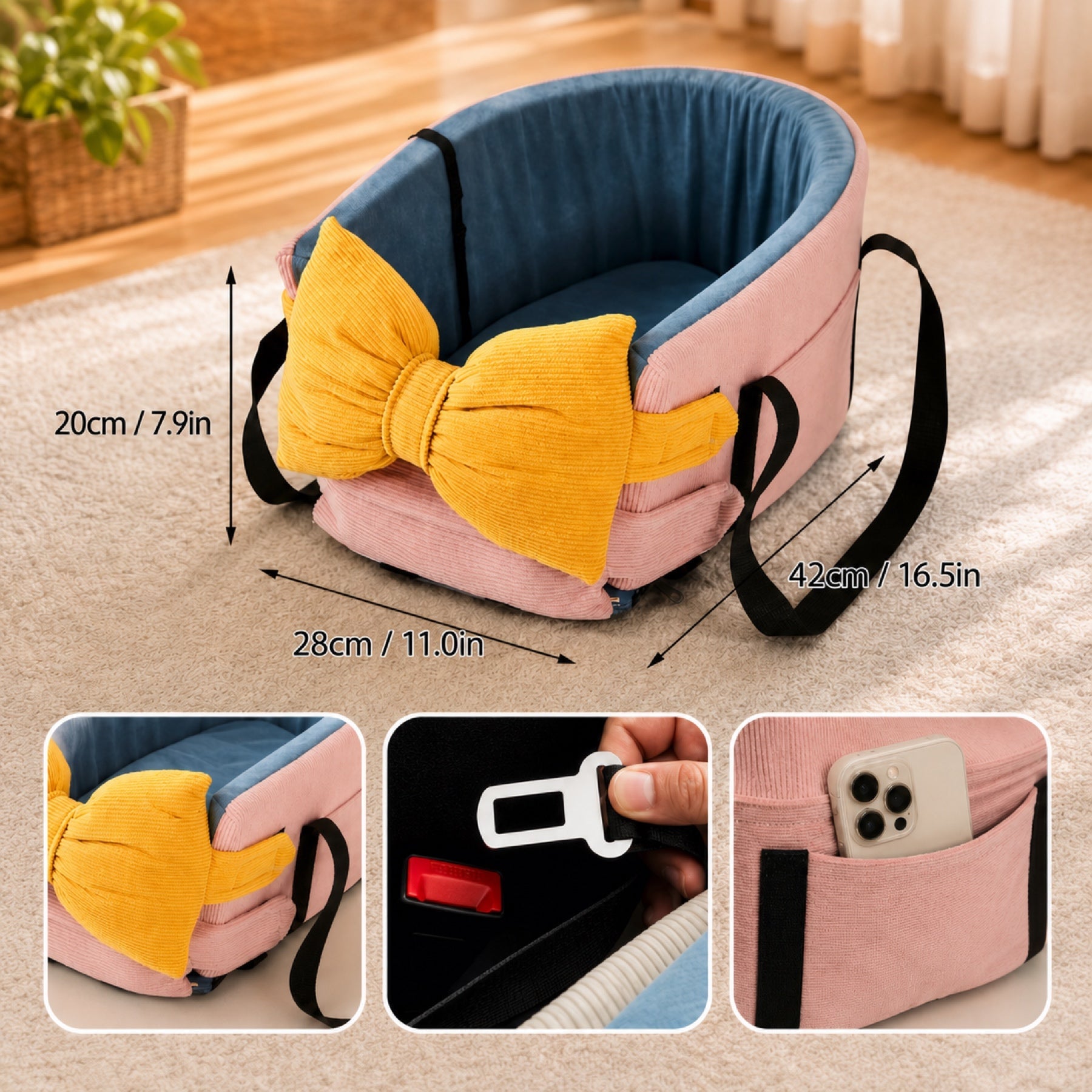 Pink and blue bow-knot pet car seat carrier with dimensions: 20 cm / 7.9 in, 28 cm / 11.0 in, and 42 cm / 16.5 in.