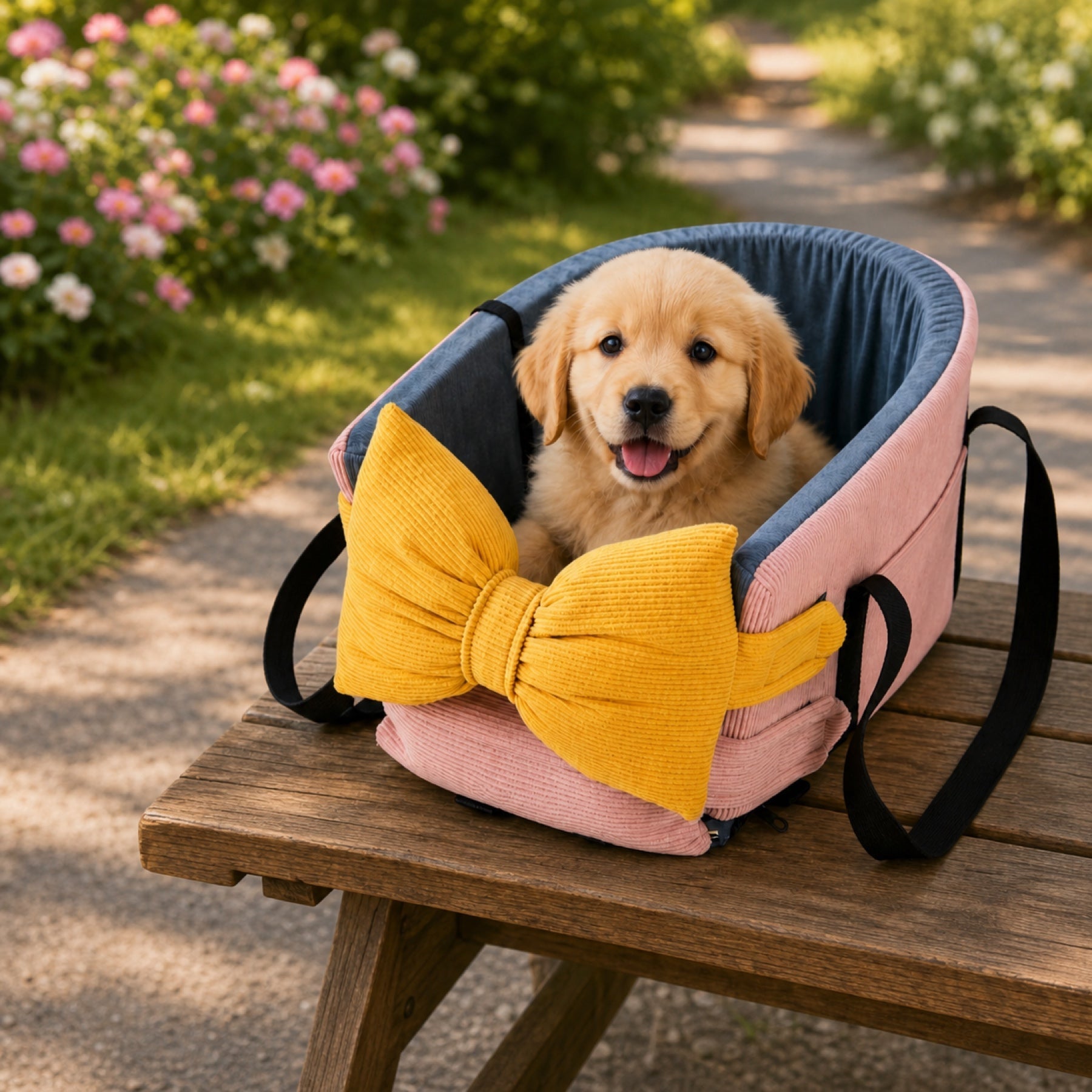 Golden retriever puppy sitting in a pink and navy bow-knot pet car seat carrier on a wooden table outdoors.