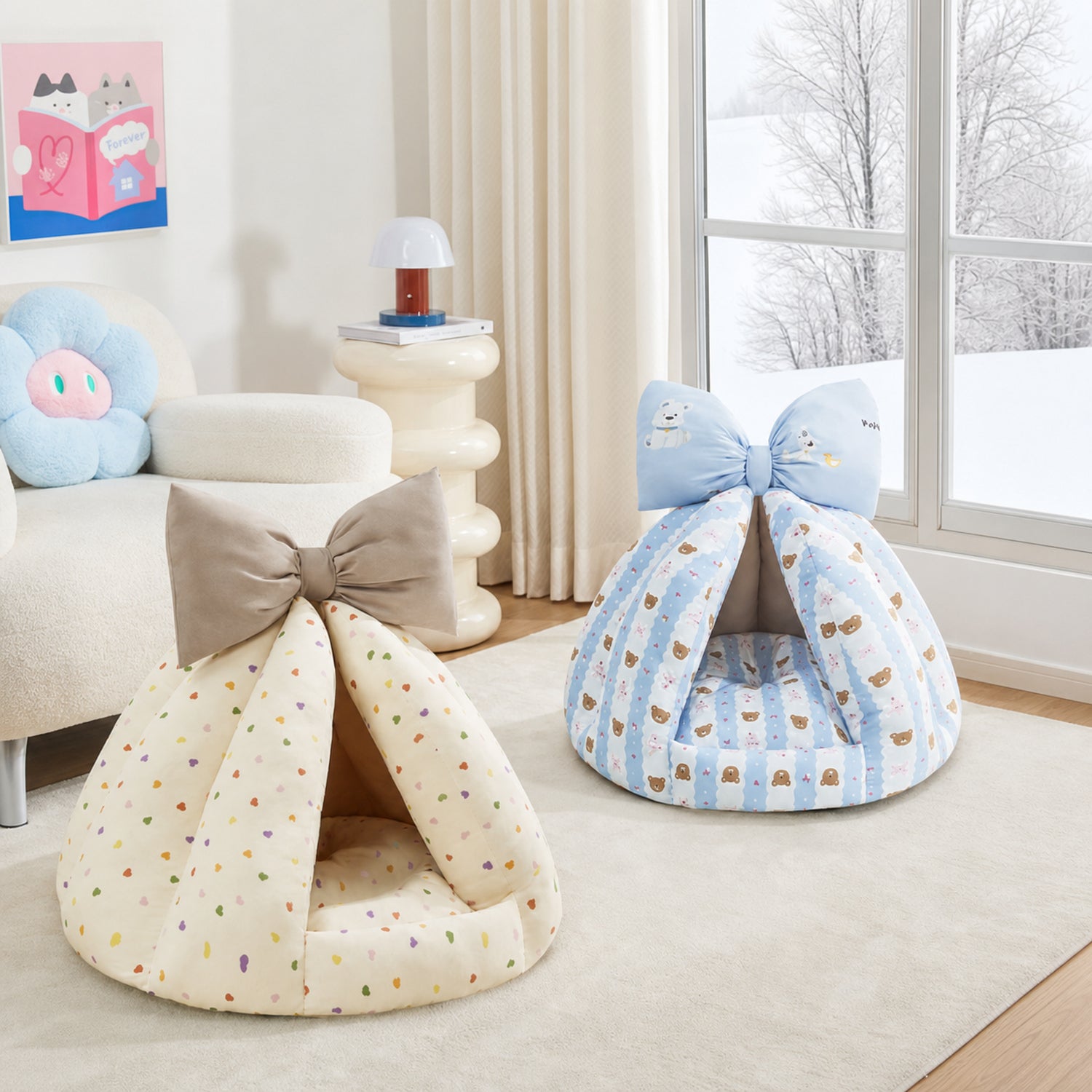 Bow Pet Tent Bed | Cotton Blend | Washable Hideaway for Cats & Small Dogs