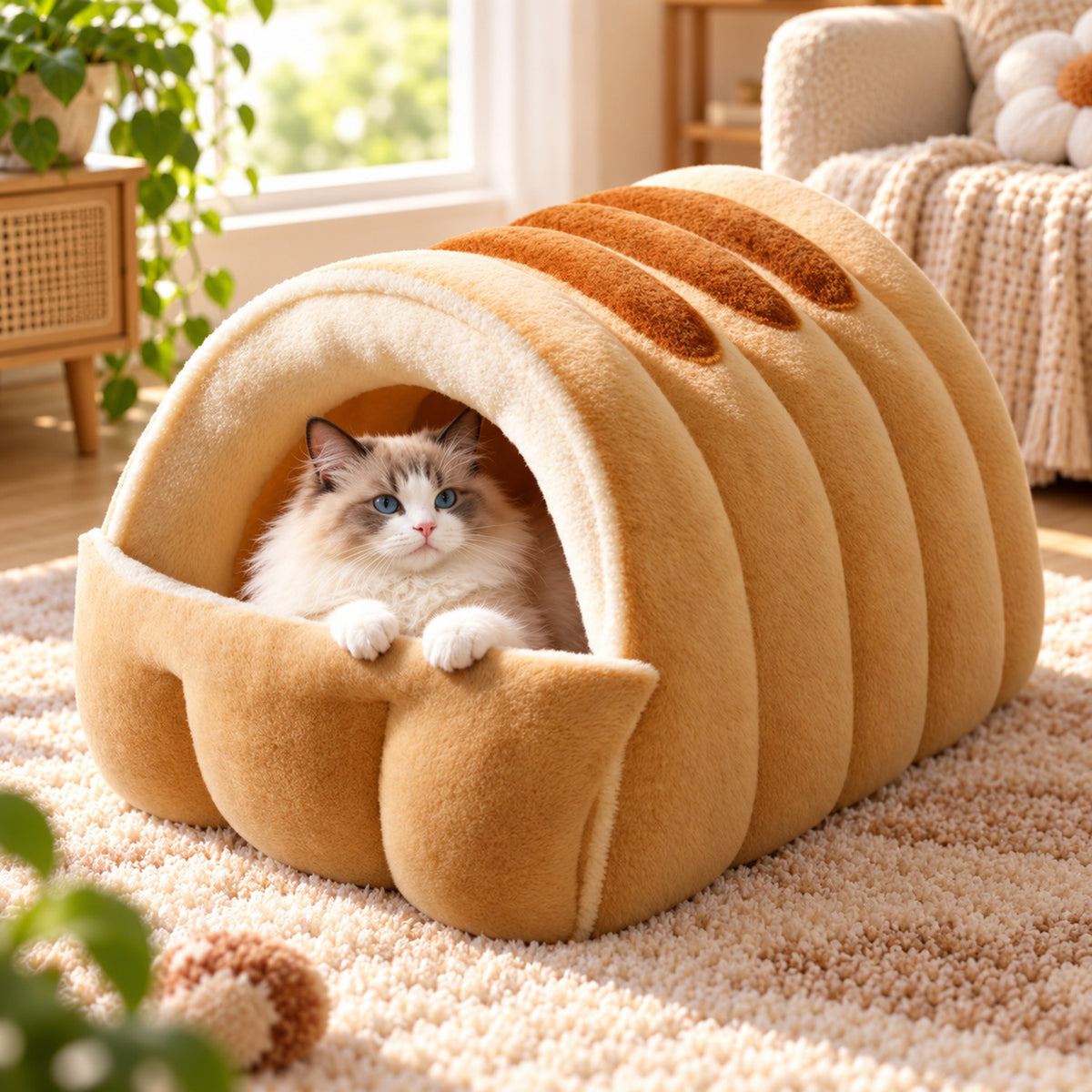 Cat Bed | Snuggle Buddies Plush Cave | Support Rods & Fold-Down Front