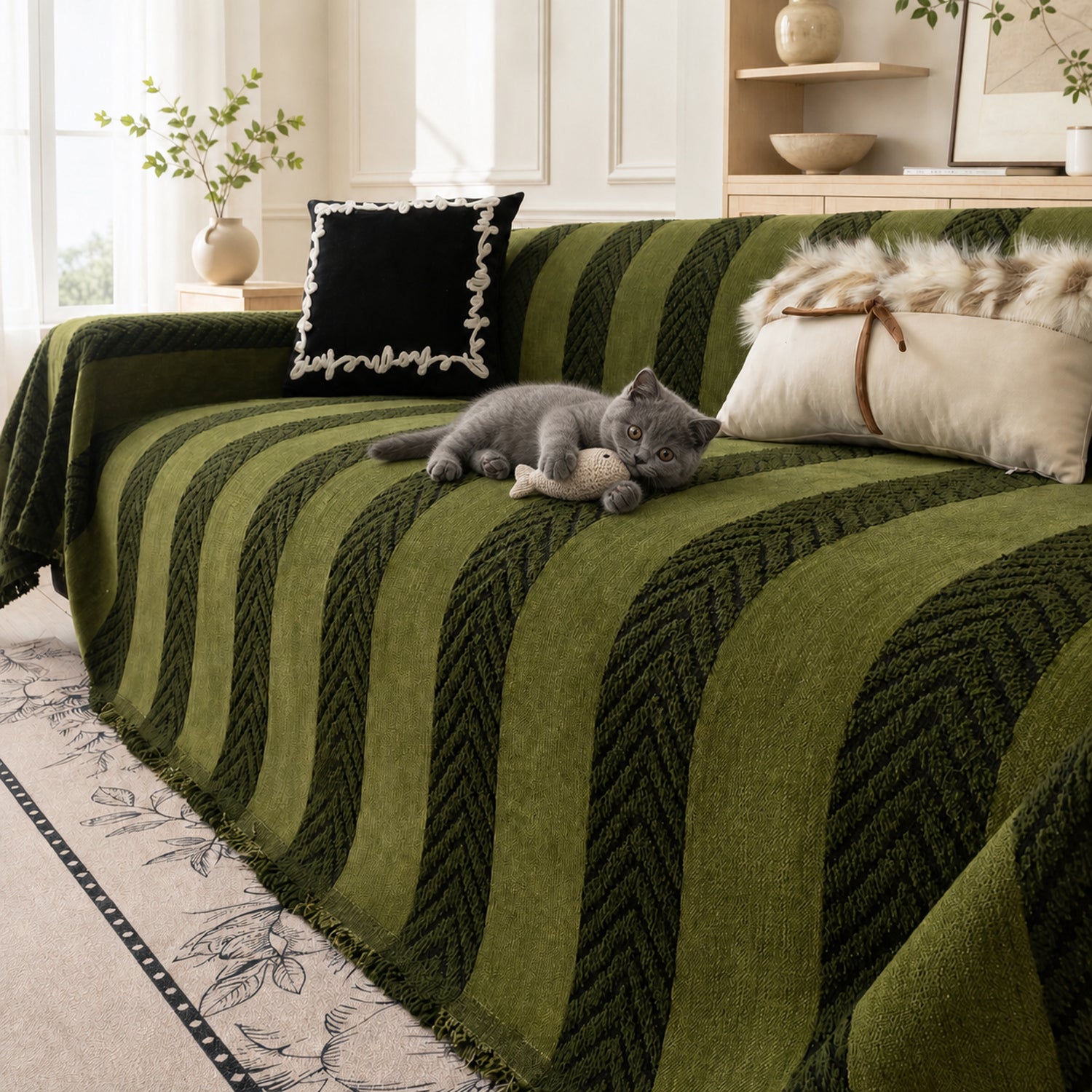 Sofa Throw | Chenille Pet Proof Couch Blanket | Non-Slip Herringbone | Washable | Dog & Cat Friendly