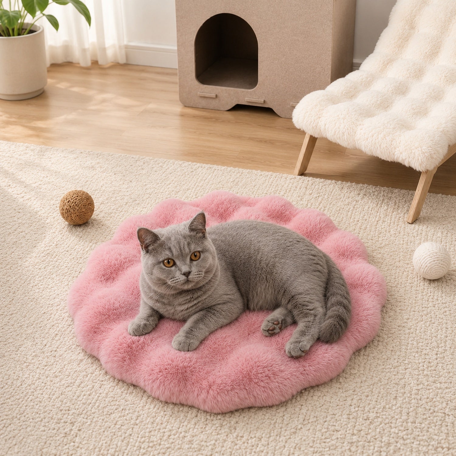 Flower Pet Mat | Thick Plush Round Bed | Washable Anti-Slip Cushion for Cats & Dogs