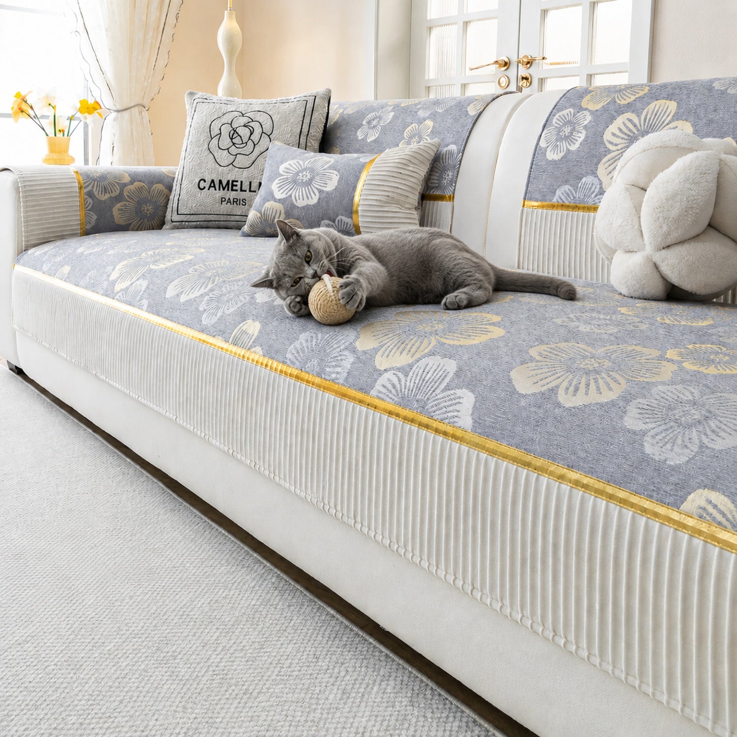 Golden Camellia Jacquard Sofa Cover | Chenille Anti-Slip Washable | Pet Protector