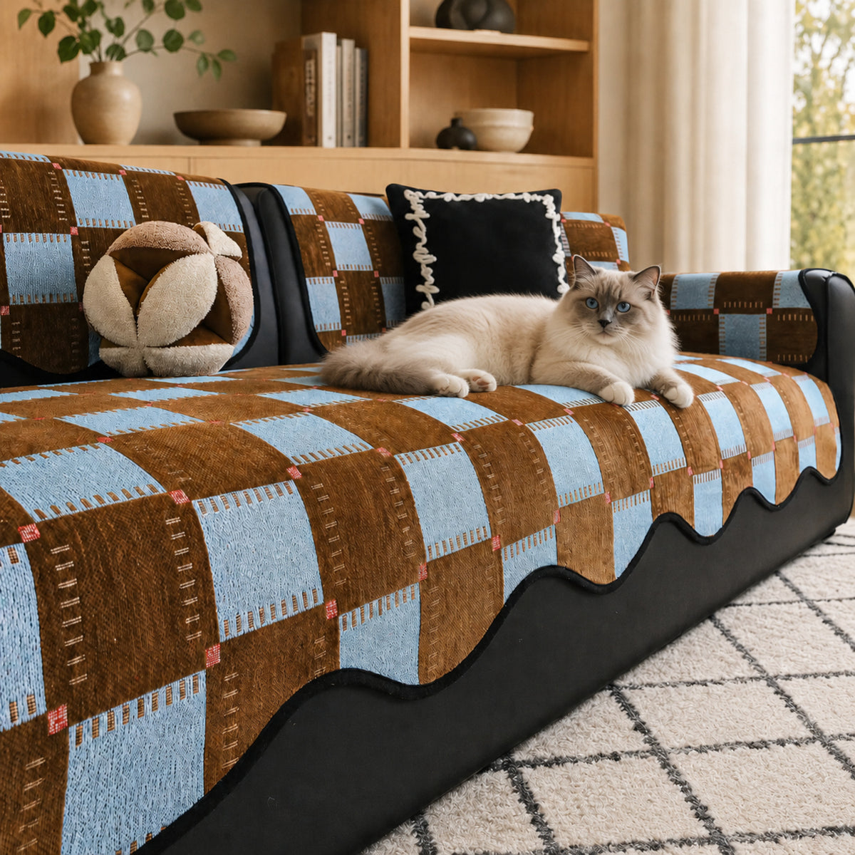 Plaid Chenille Sofa Protector | Scratch-Resistant Non-Slip Washable Cover