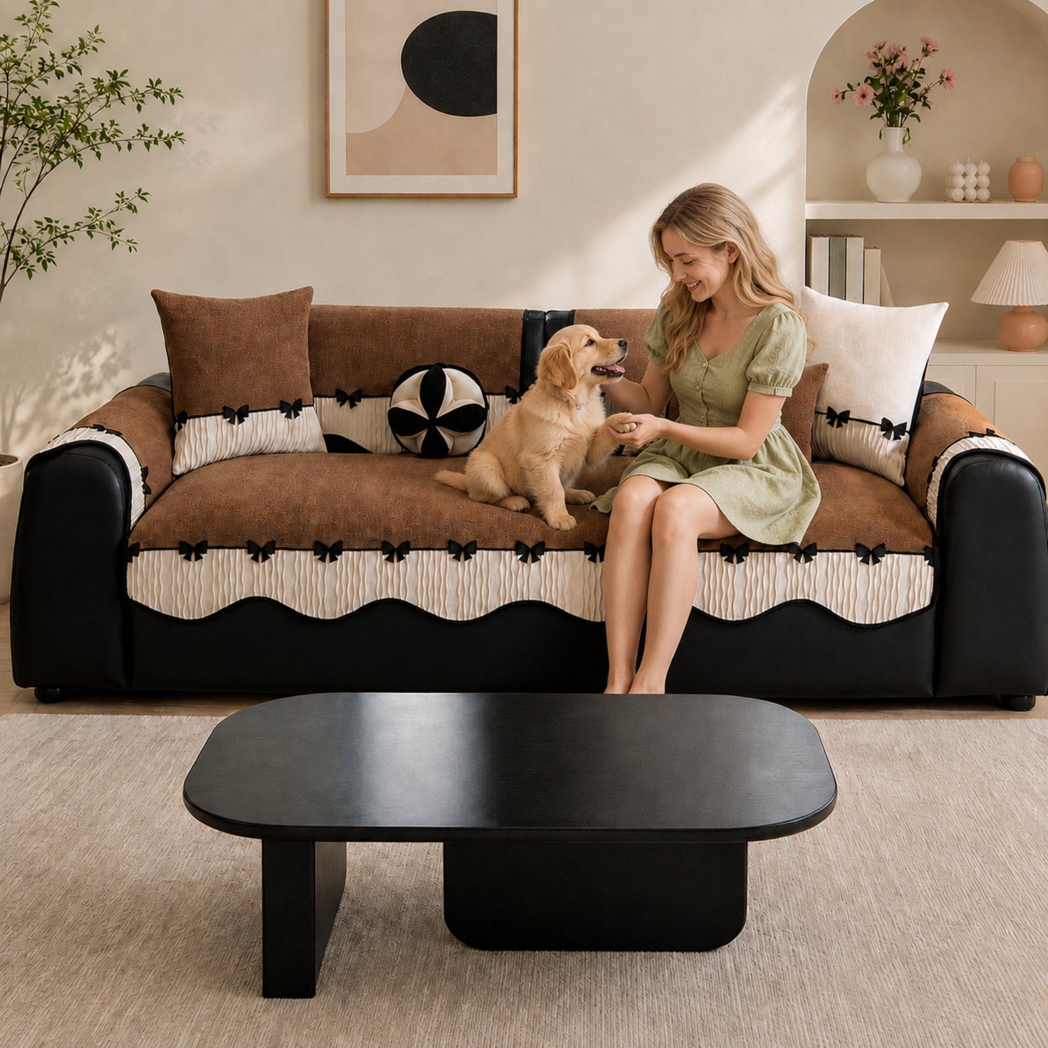 Bow Trim Herringbone Chenille Sofa Cover | Non-Slip Machine-Washable
