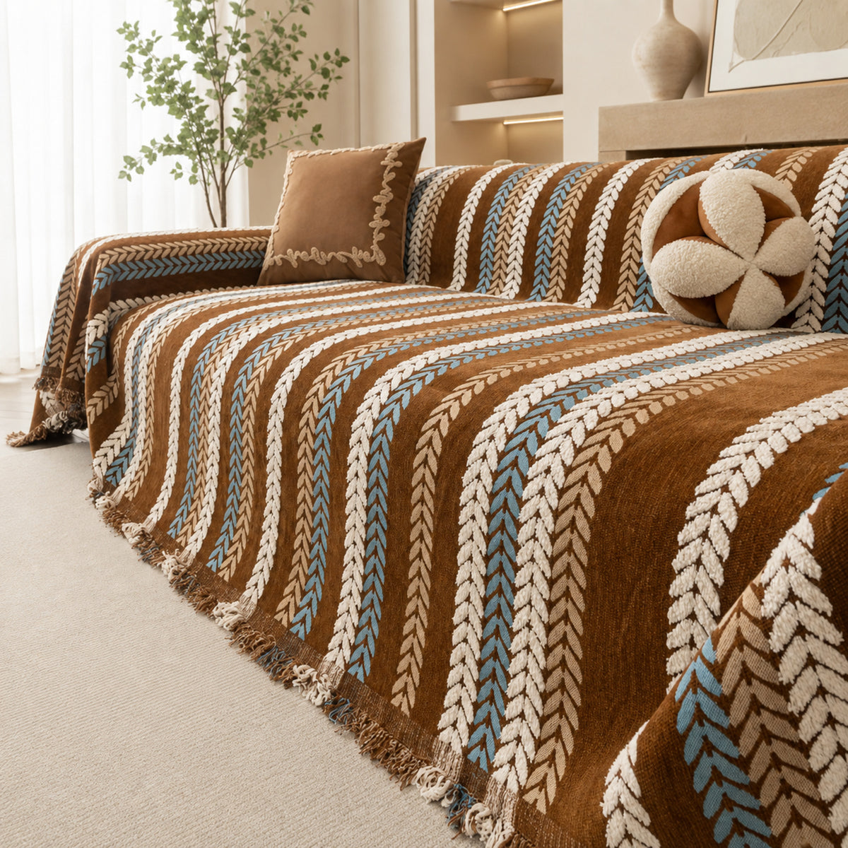 Leaf Pattern Chenille Sofa Cover | One-Piece Throw | Pet Fur & Dust Protection | Machine Washable | Woofing Deals