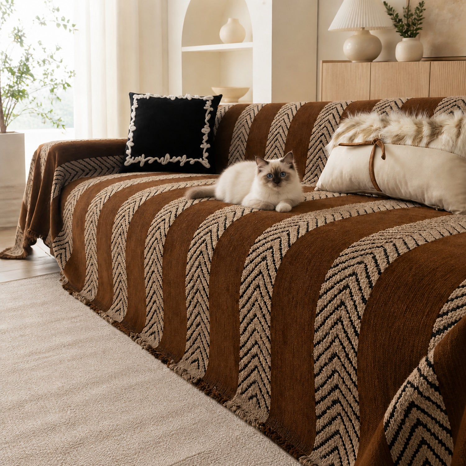 Sofa Throw | Chenille Pet Proof Couch Blanket | Non-Slip Herringbone | Washable | Dog & Cat Friendly