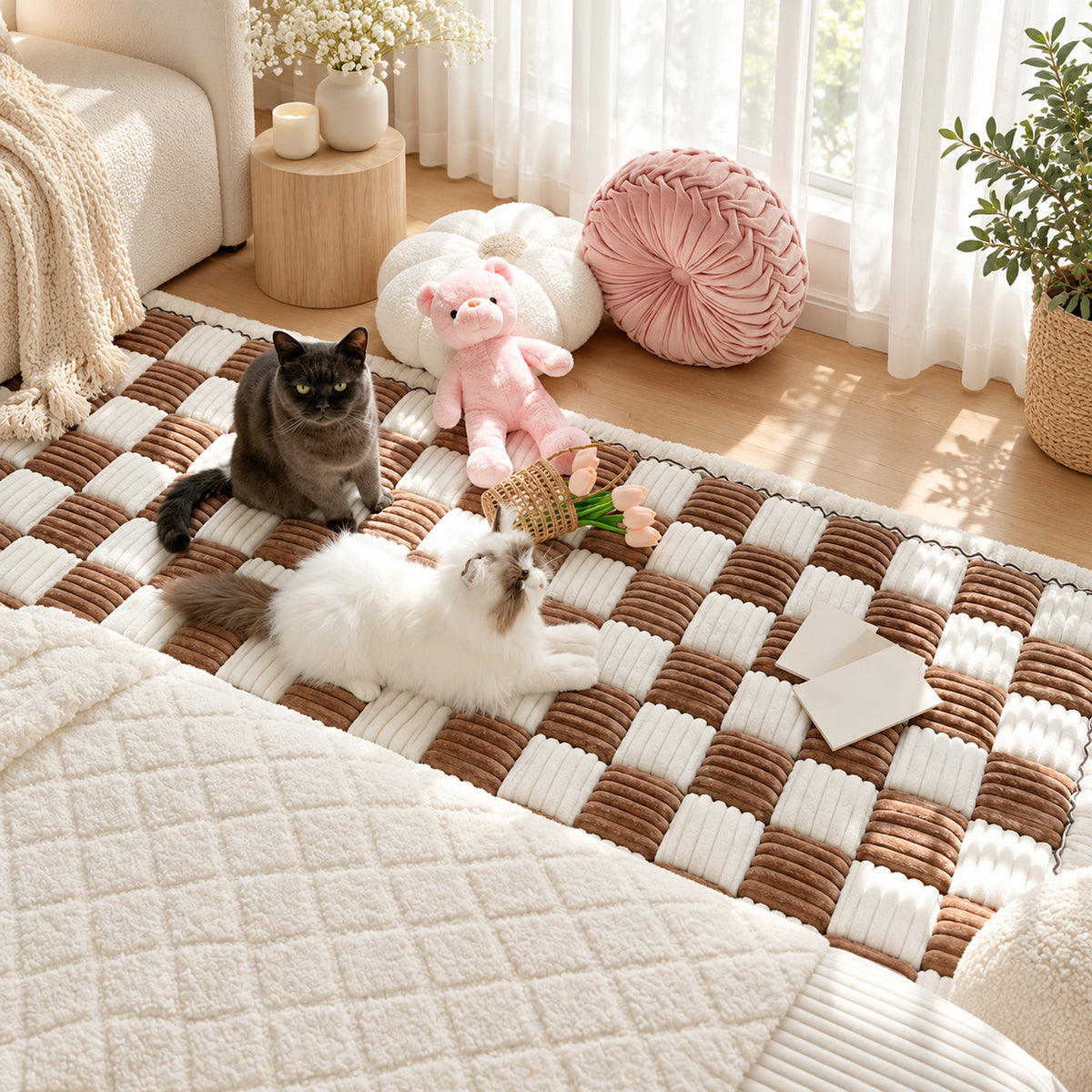 Checkerboard Sofa Cover | Non-Slip Sofa Protector | Ribbed Chenille with Soft Padding