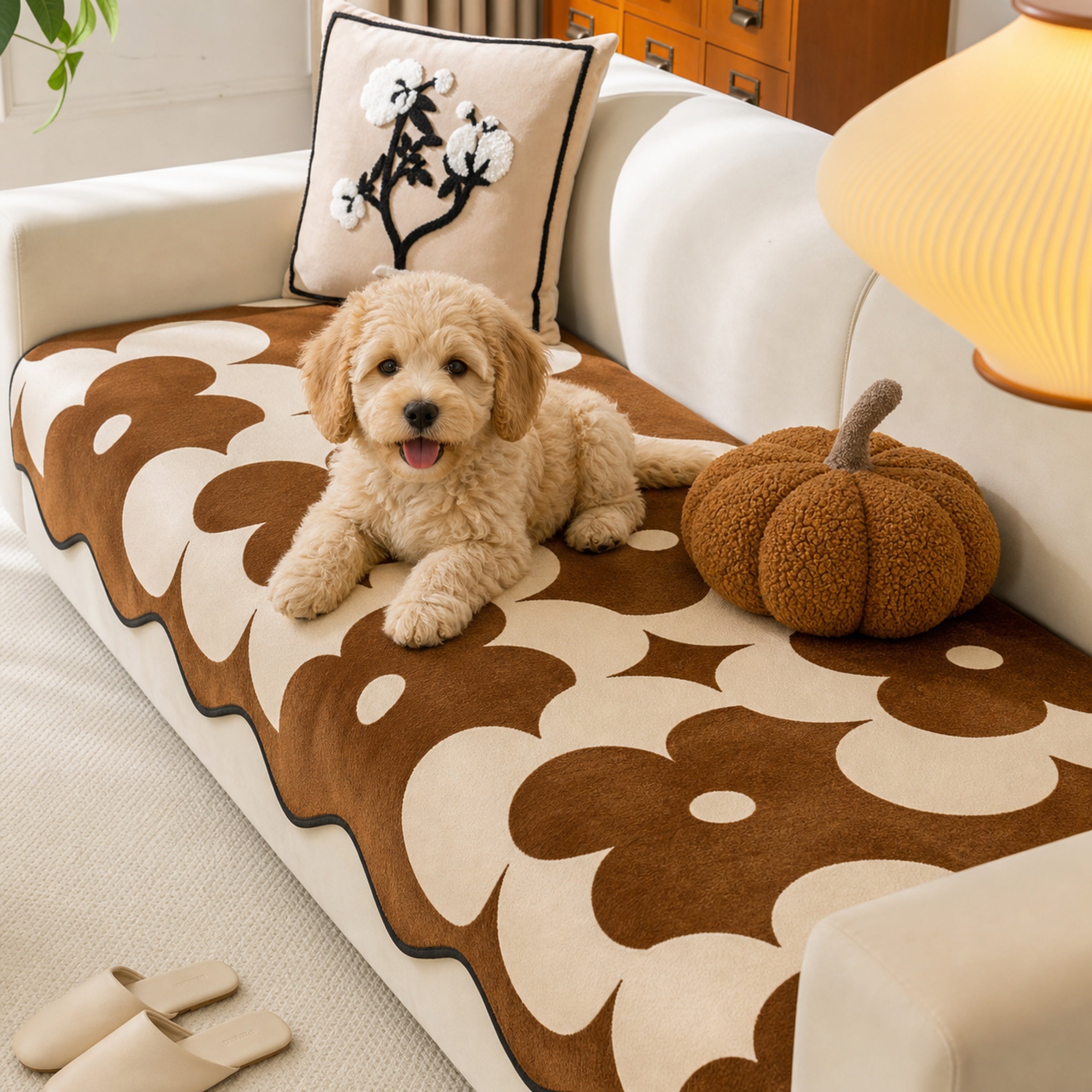 Floral Chenille Sofa Cover | Wavy Border Non-Slip Couch Throw | Woofing Deals