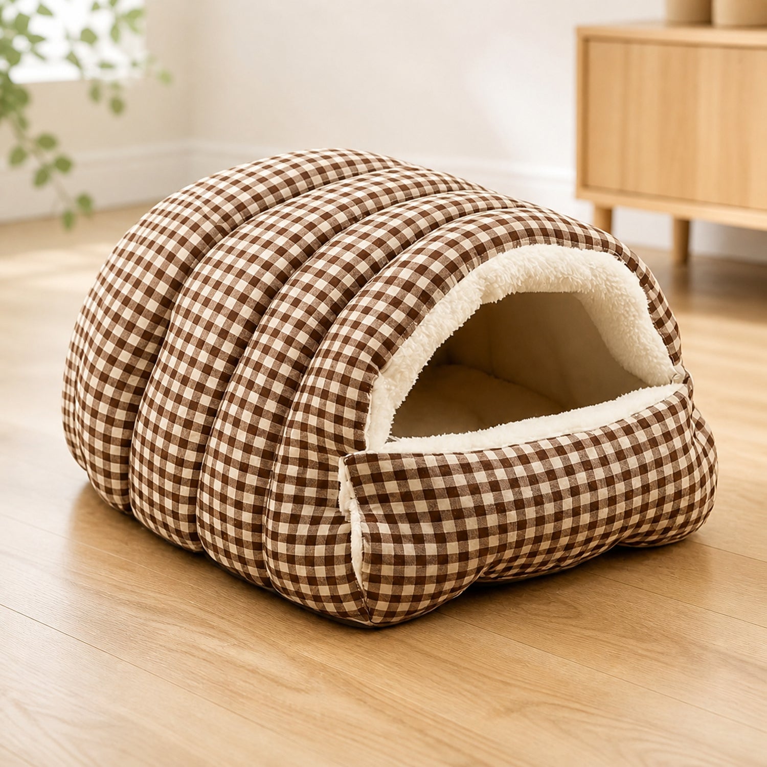Cosy Gingham Cat Bed | Warm Washable Enclosed Pod with Removable Top