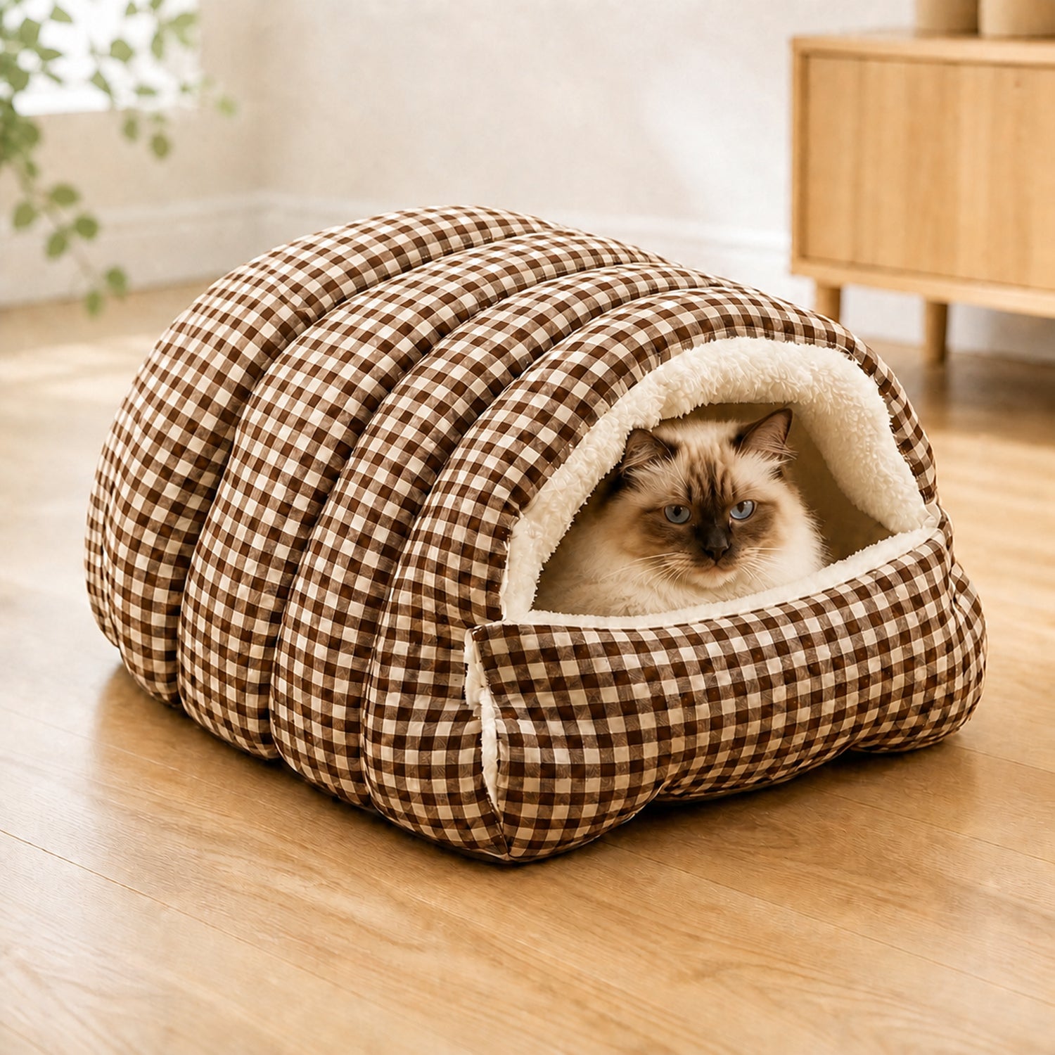 Cosy Gingham Cat Bed | Warm Washable Enclosed Pod with Removable Top