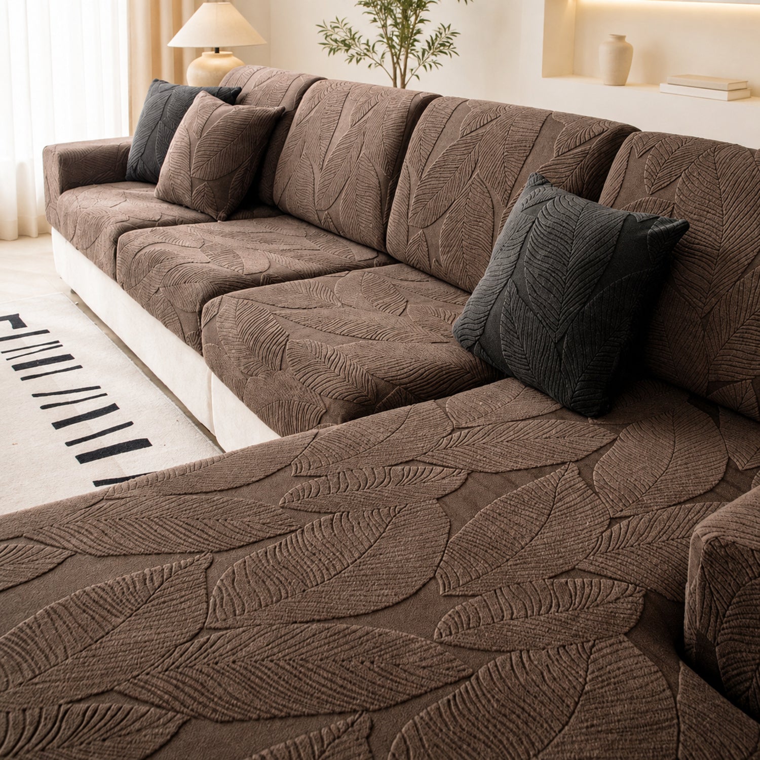 Modern Leaf Jacquard Sofa Cover | Waterproof Stretch Full Wrap | Anti-Scratch Protector | Woofing Deals