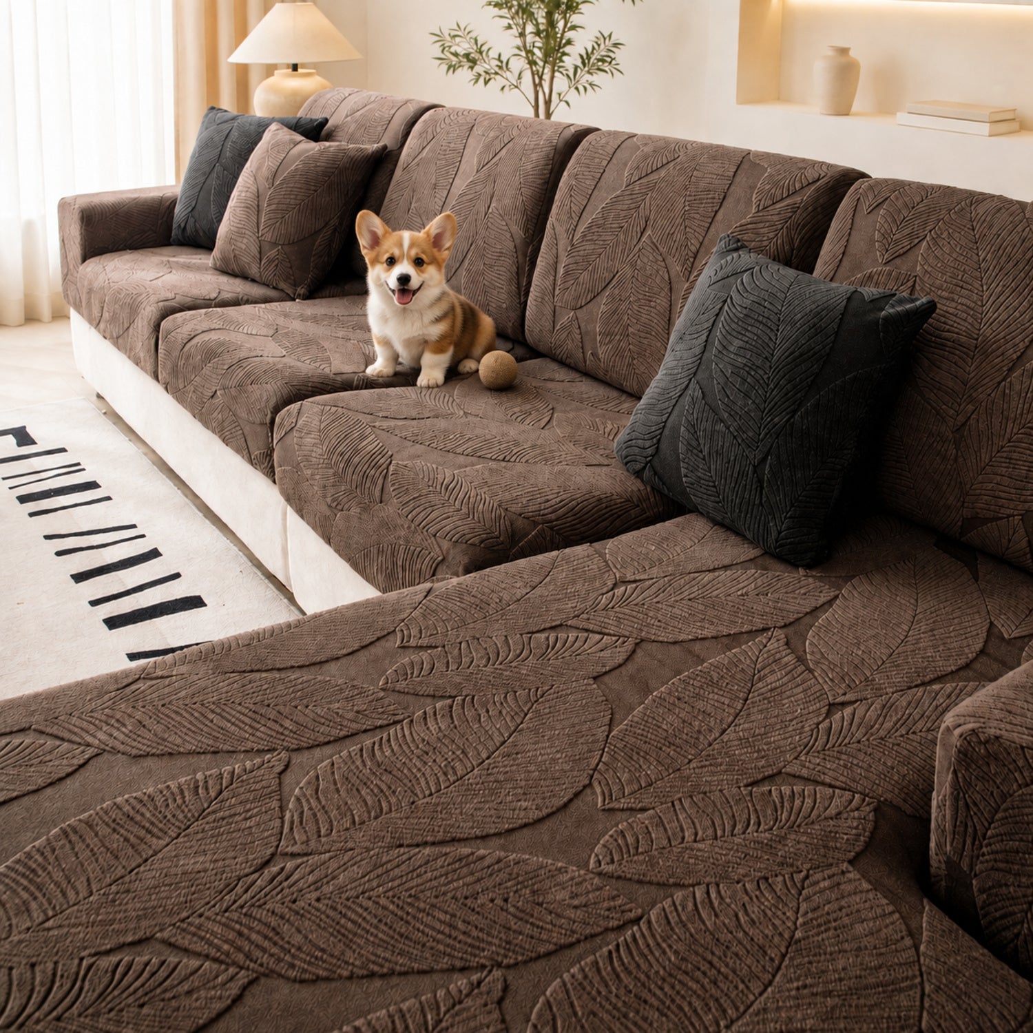 Modern Leaf Jacquard Sofa Cover | Waterproof Stretch Full Wrap | Anti-Scratch Protector | Woofing Deals
