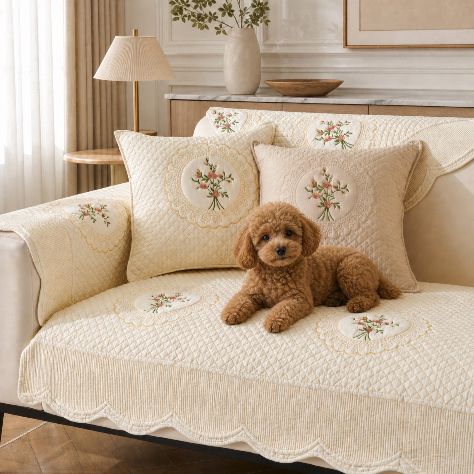 Heritage Floral Sofa Cover | Embroidered Cotton | Anti-Slip & Washable
