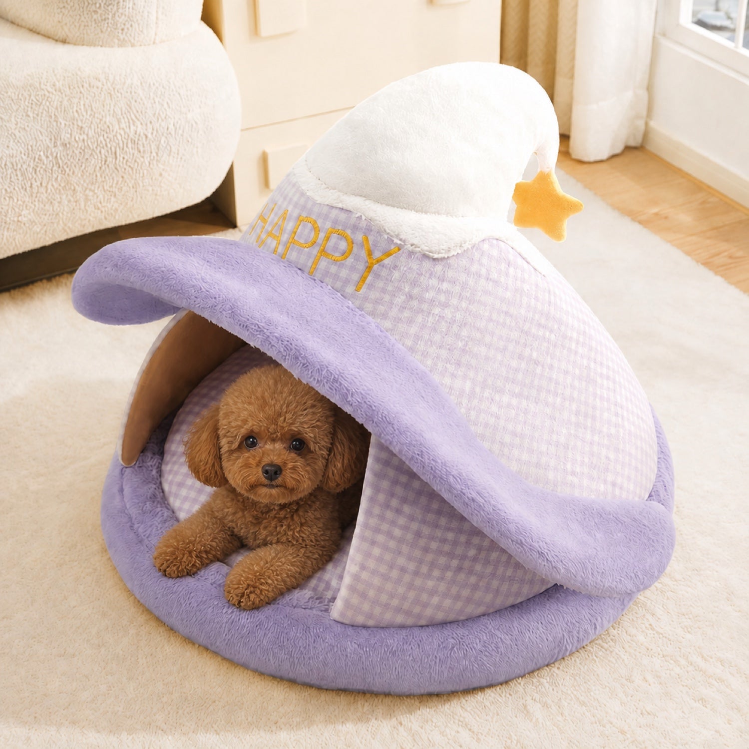 Cream butterfly-pattern sofa cover with pom-pom trim, styled with a brown poodle holding a teddy bear.