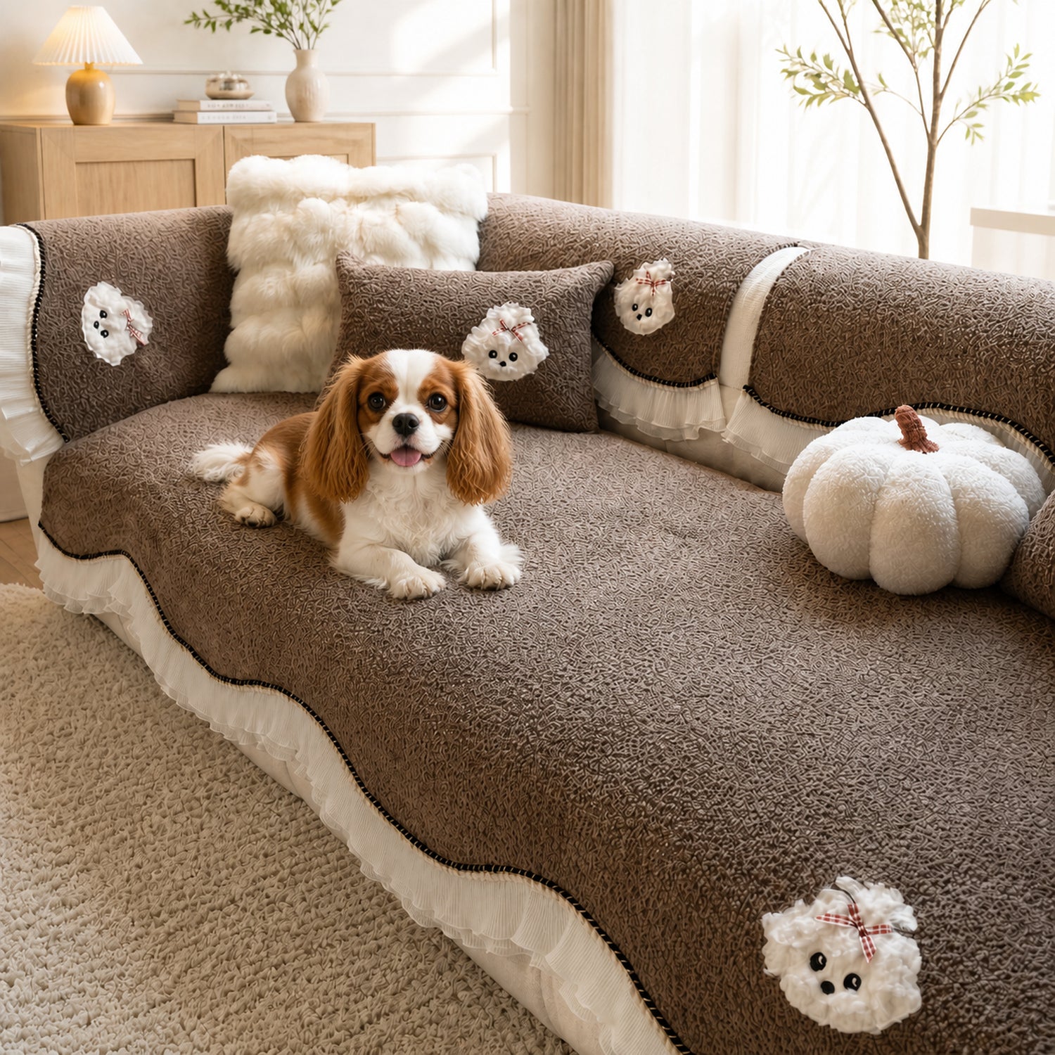 Little Puppy Ruffle Sofa Protector | Chenille | Non-Slip Washable Cover