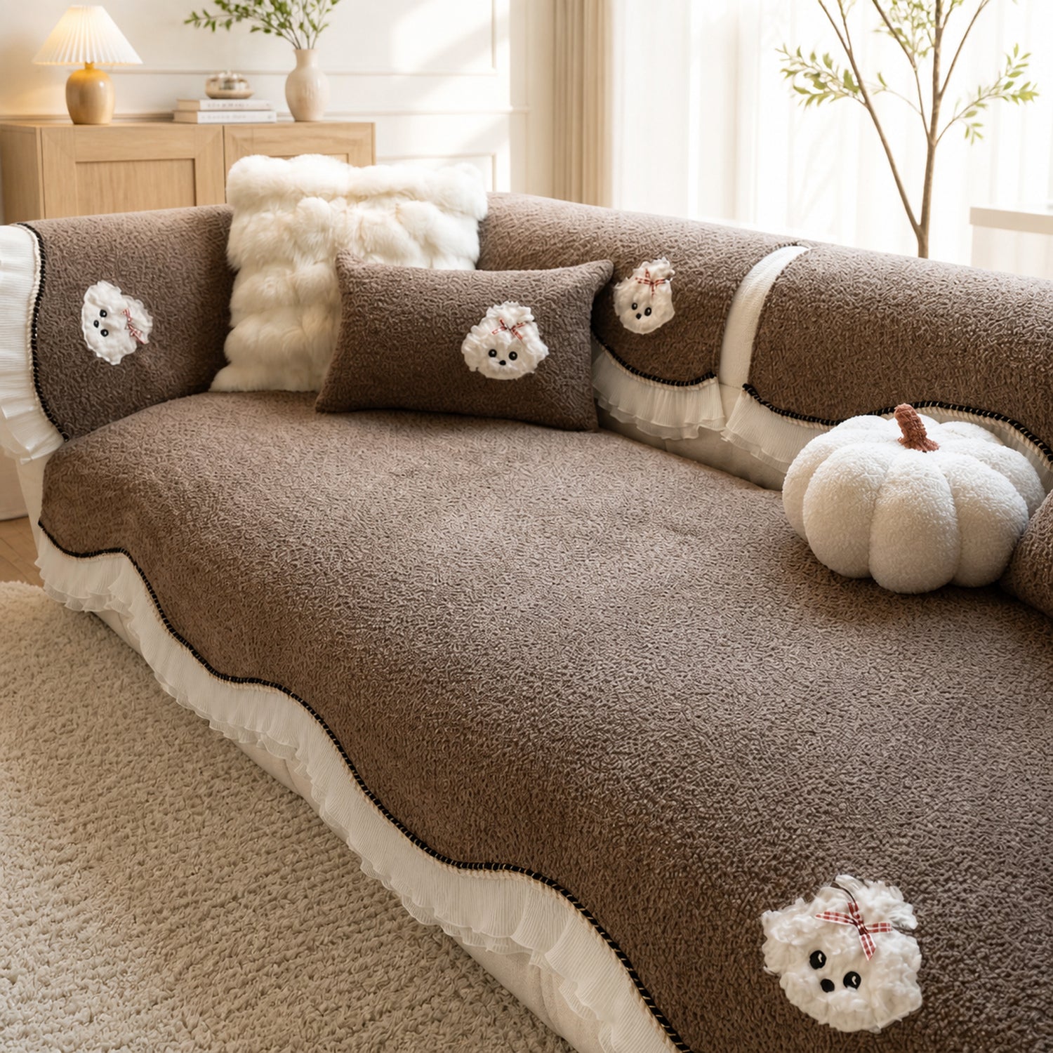 Little Puppy Ruffle Sofa Protector | Chenille | Non-Slip Washable Cover