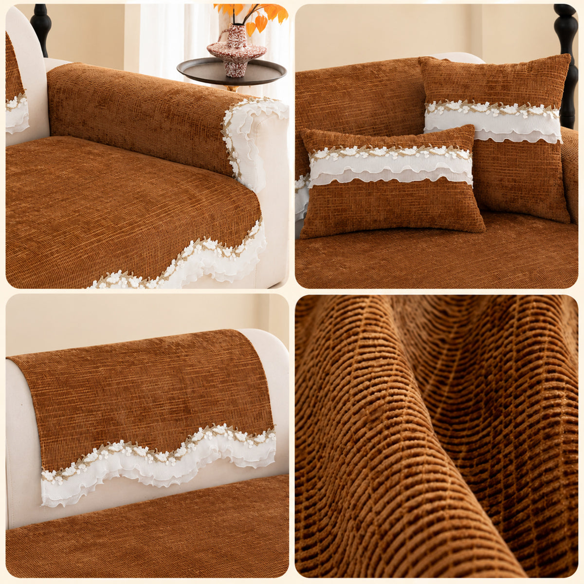Ruffle Charm Chenille Sofa Cover | Non-Slip & Machine Washable