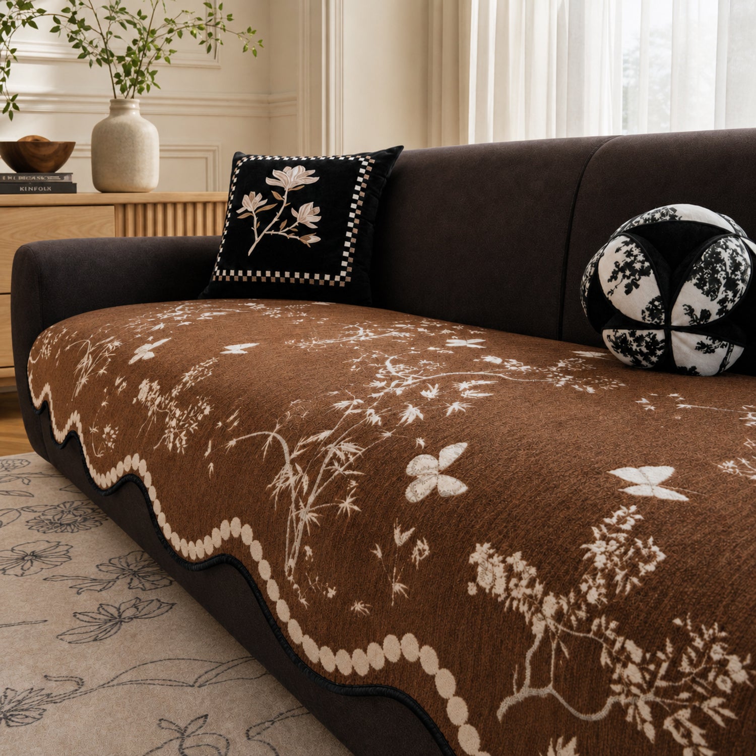 Botanical Butterfly Chenille Sofa Cover | Non-Slip All-Season Washable