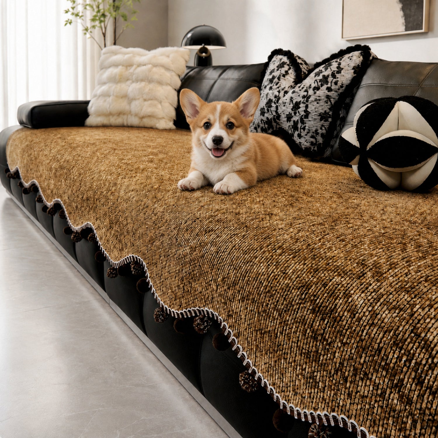 Pom-Pom Chenille Sofa Protector | Non-Slip Machine-Washable Cover